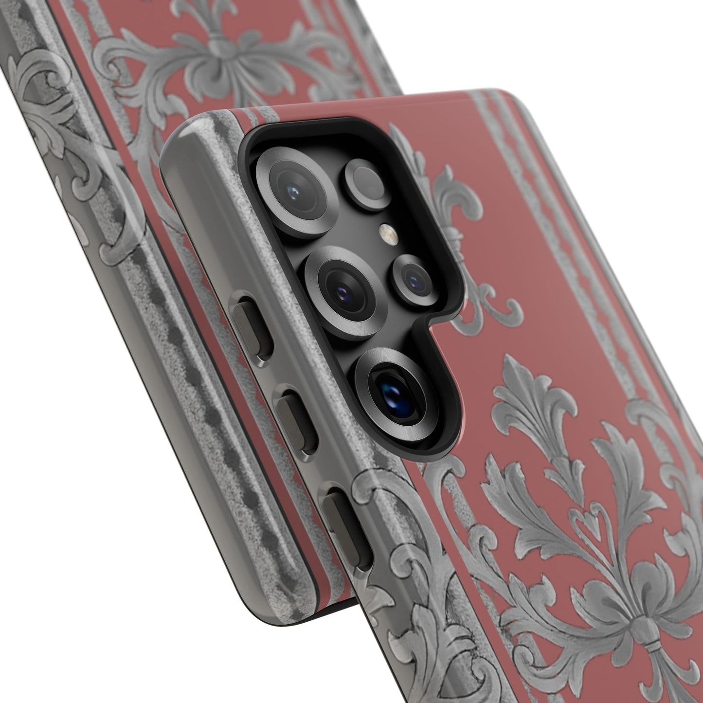 Elegant Floral Phone Case - Tough Cases for Stylish Protection - Gray & Mauve Striped Baroque