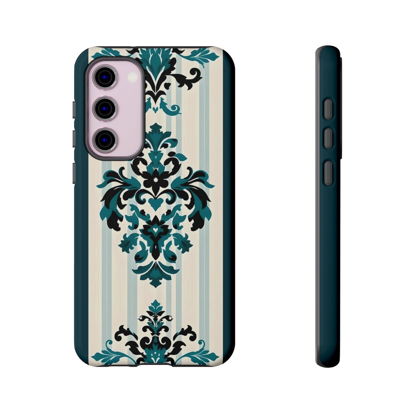 Elegant Floral Phone Case - Tough Cases with Vintage Design - Teal Striped Damask