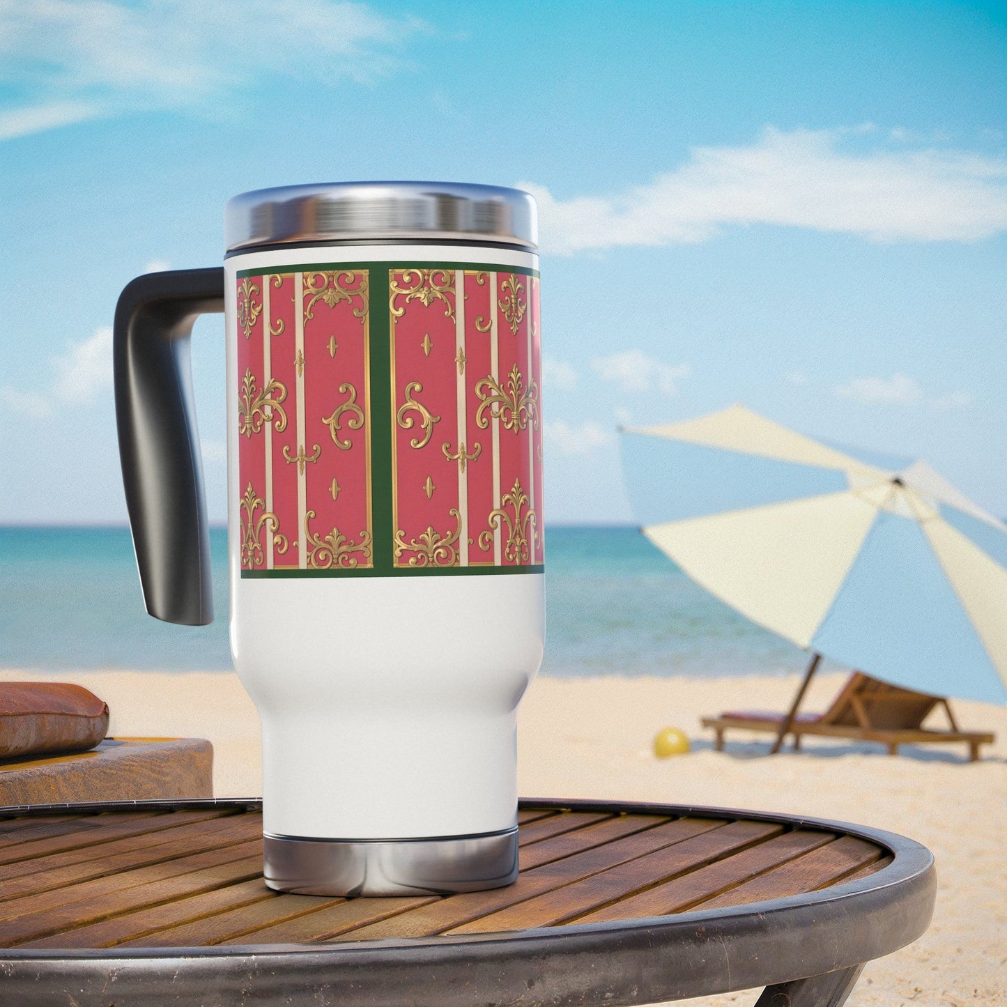 Elegant Green Border Pink Striped Baroque Travel Mug with Handle, 14oz Stainless Steel Coffee Cup, Glamorous Gift for Holidays