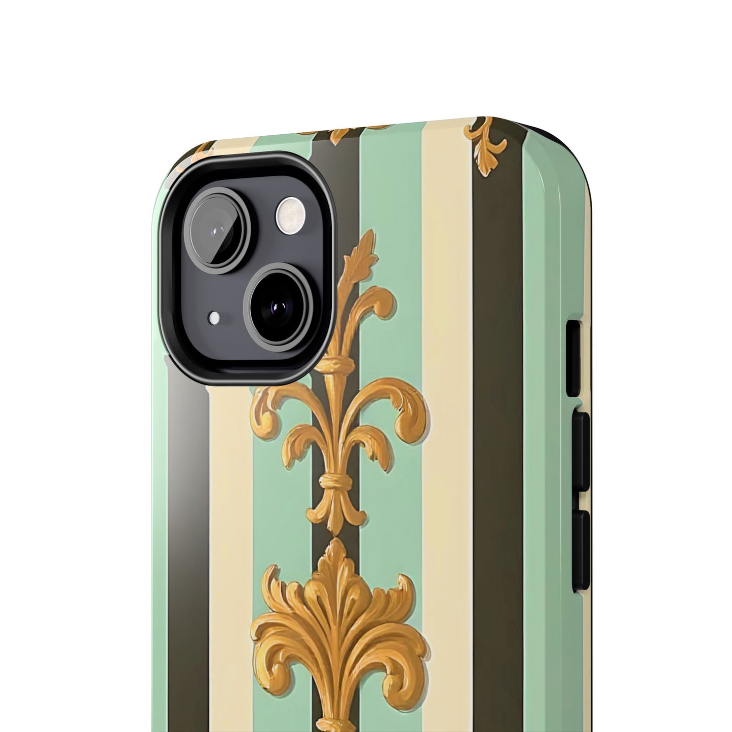 Elegant Floral Tough Phone Cases - Stylish Protection for All Occasions, Gifts for Her, Phone Covers - Black & Matte Mint Striped Rococo