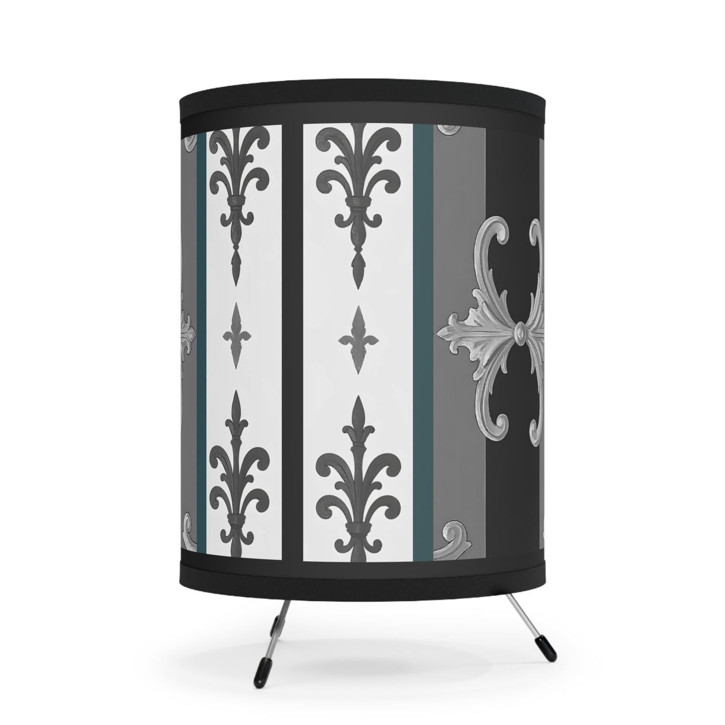 Elegant Tripod Lamp with Vintage Floral Print Shade - High-Res Home Accent - Striped Minimal Damask