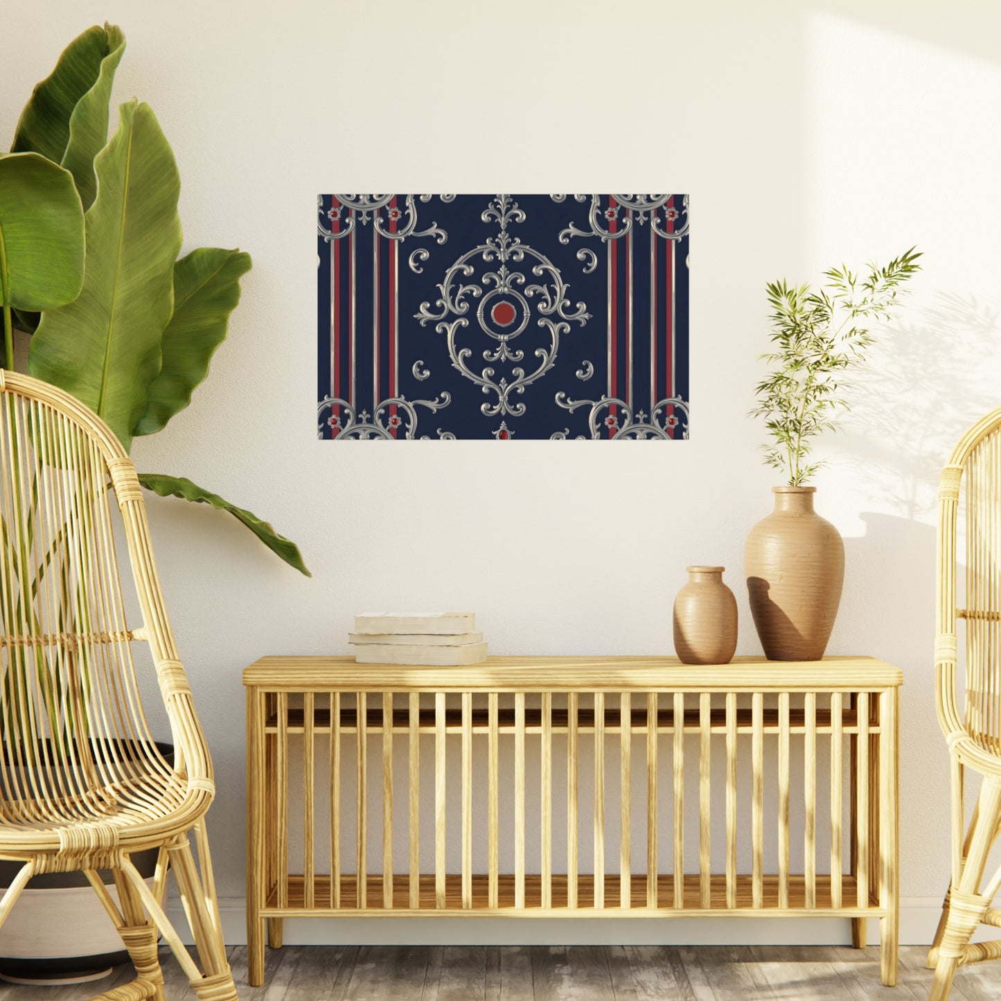 Elegant Foam Board Decor, Nautical Wall Art, Framed Print Alternative, Home Office Wall Accent, Gift for Him/Her - Blue & Red Striped Silver Baroque