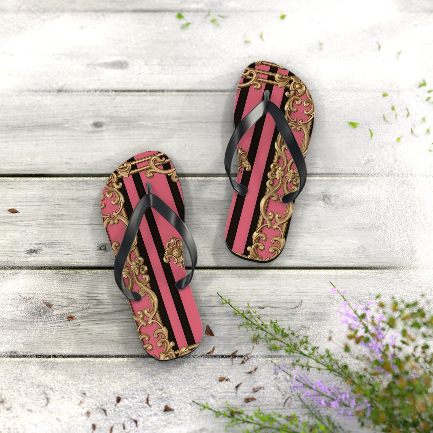 Chic Flip Flops, Stylish Summer Sandals, Beachwear, Poolside Accessories, Vacation Footwear, Trendy Casual Shoes - Pink Striped Gold Rococo