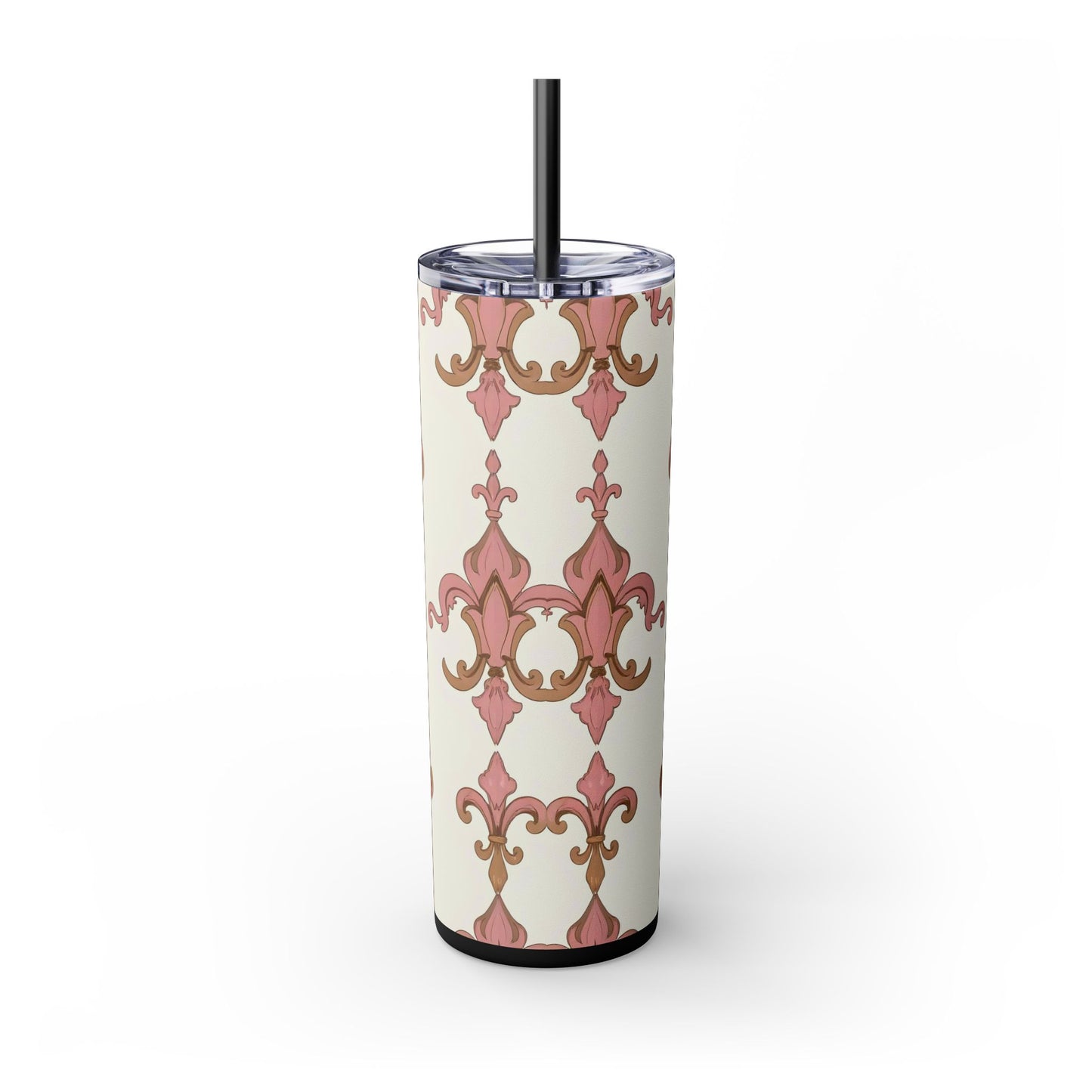 Elegant Floral Skinny Tumbler, 20oz Drinkware, Stylish Travel Mug, Wedding Gift, Personalized Gift, Eco-Friendly Cup - Brown Striped Pink Arabesque