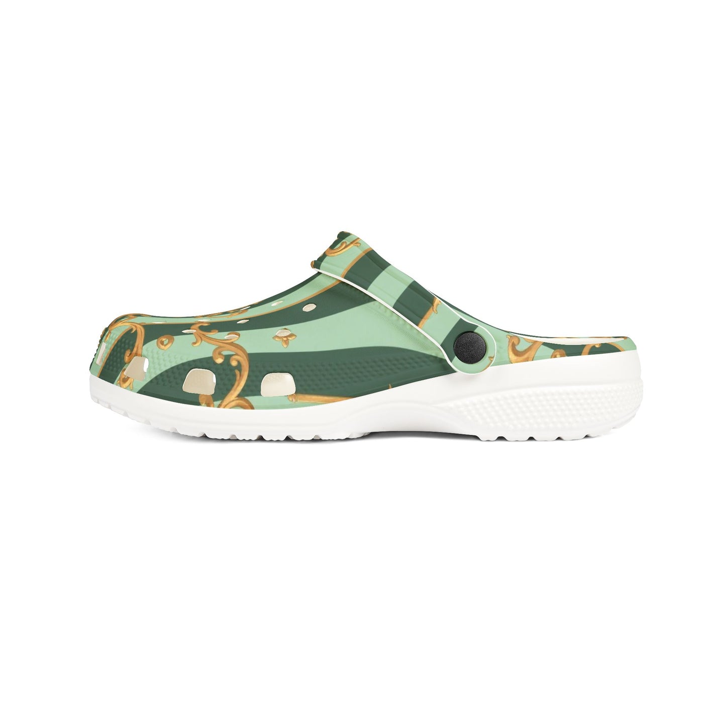 Elegant AOP EVA Foam Clogs - Stylish Garden-Inspired Footwear for Comfort & Trend, Unique Slip-Ons - Mint Green & Teal Striped Gold Baroque