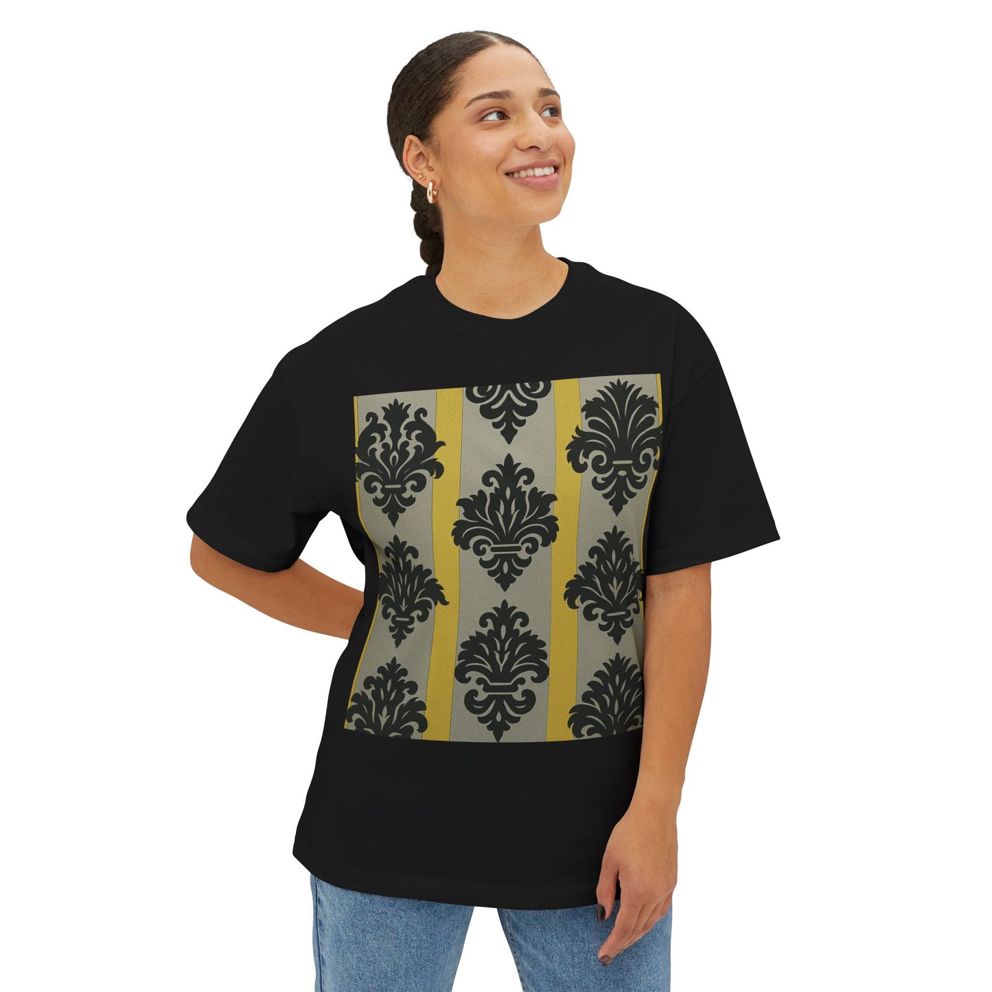 Chic Unisex Oversized Tee, Stylish Casual Wear, Statement Tee, Everyday Comfort, Fashion Gift - Silver & Gold Striped Black Baroque