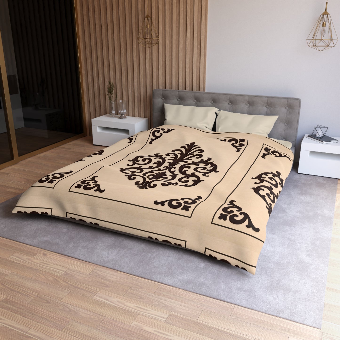 Almond-Beige & Brown Baroque Microfiber Duvet Cover — Classic Beige & Brown Decorative Bedding