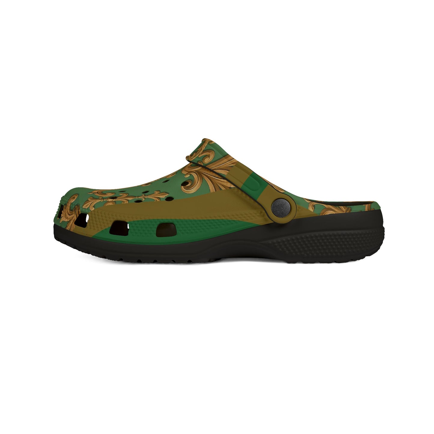 Elegant Green Patterned EVA Foam Clogs, Stylish Footwear, Comfortable House Shoes, Garden Mules - Olive Green Striped Rococo
