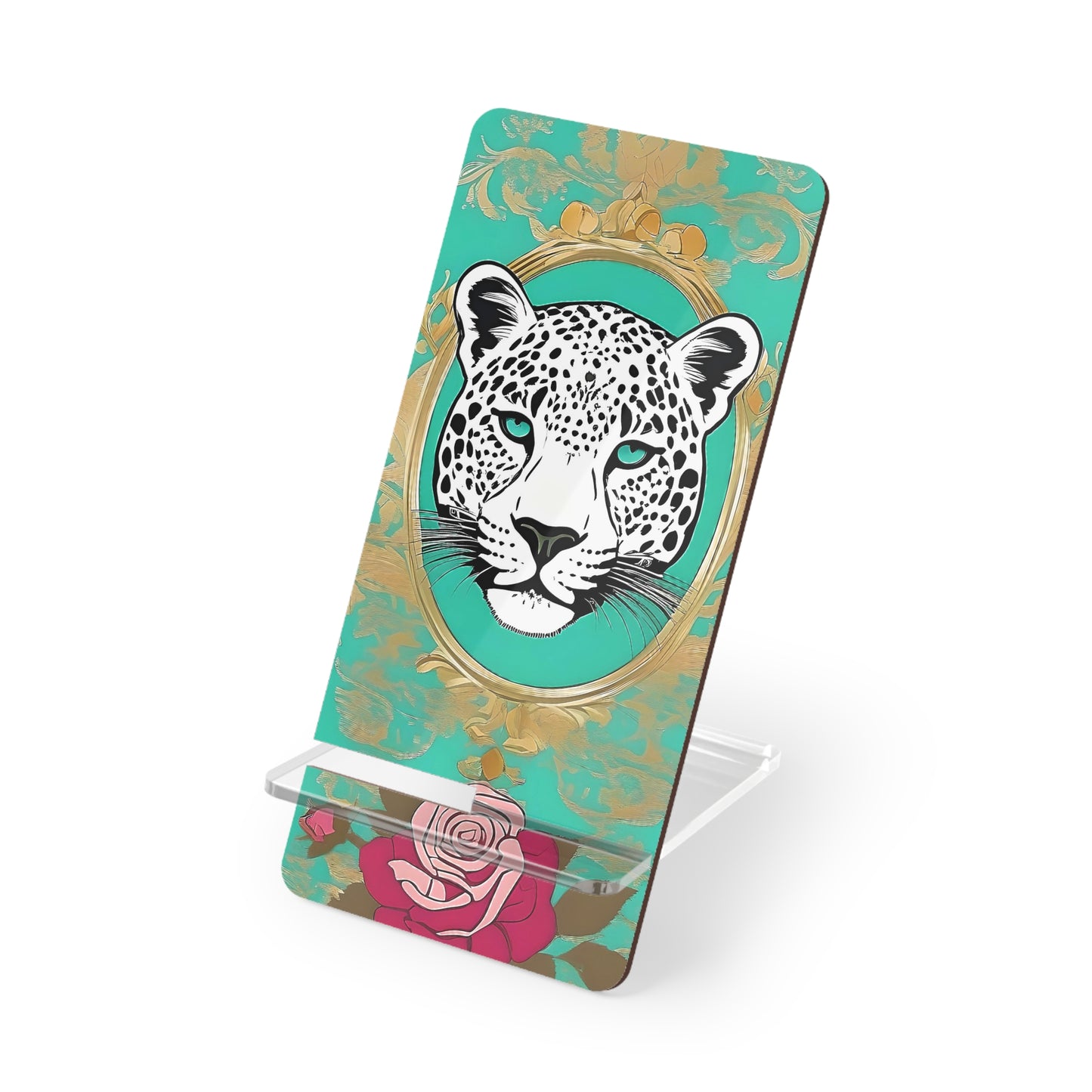 Elegant Floral Smartphone Display Stand - Leopard & Rose - Decorative Mobile Holder