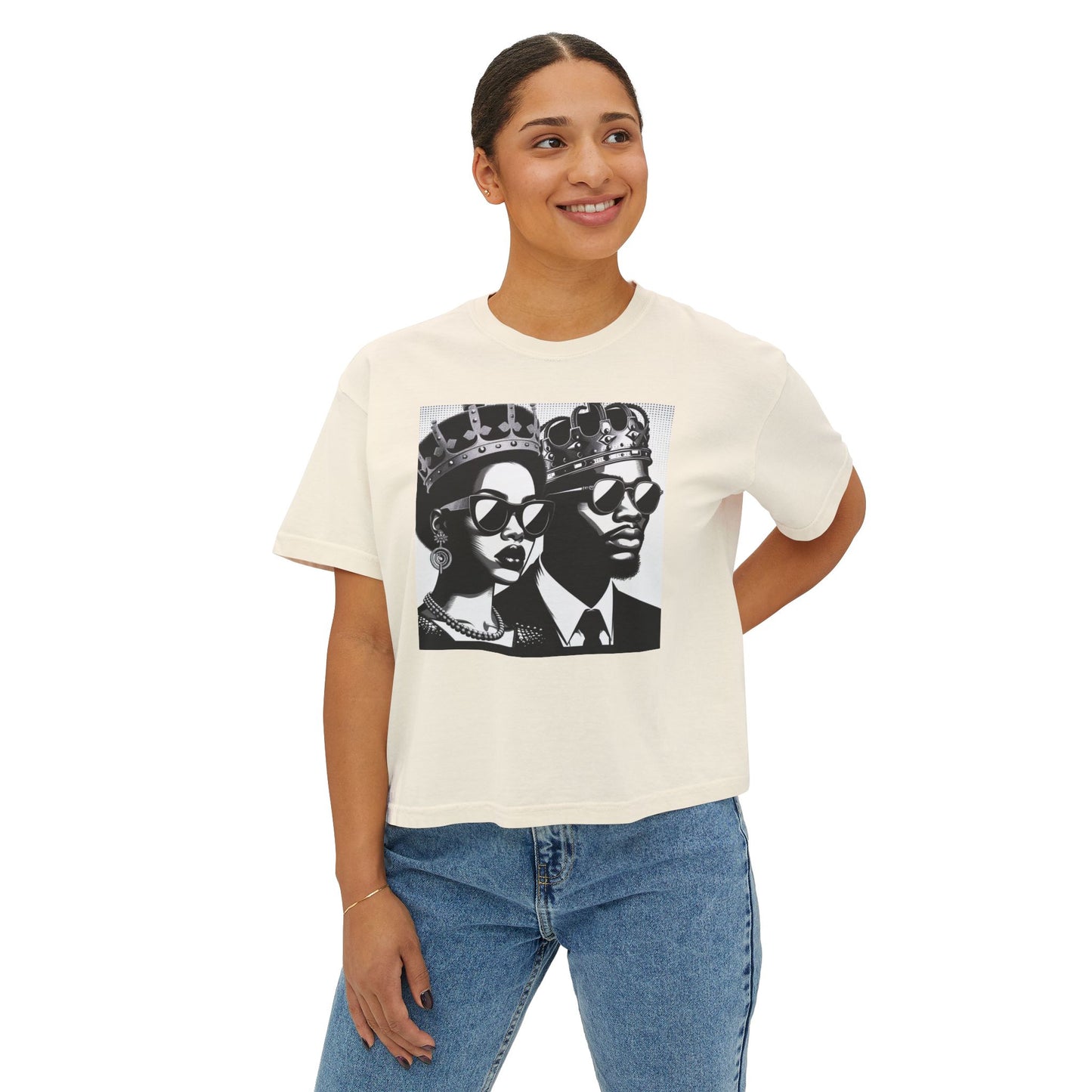 Royalty Inspired Women's Boxy Tee, Casual Chic Shirt, Black Couple Graphic Tee, Perfect Gift for Her, Streetwear Fashion