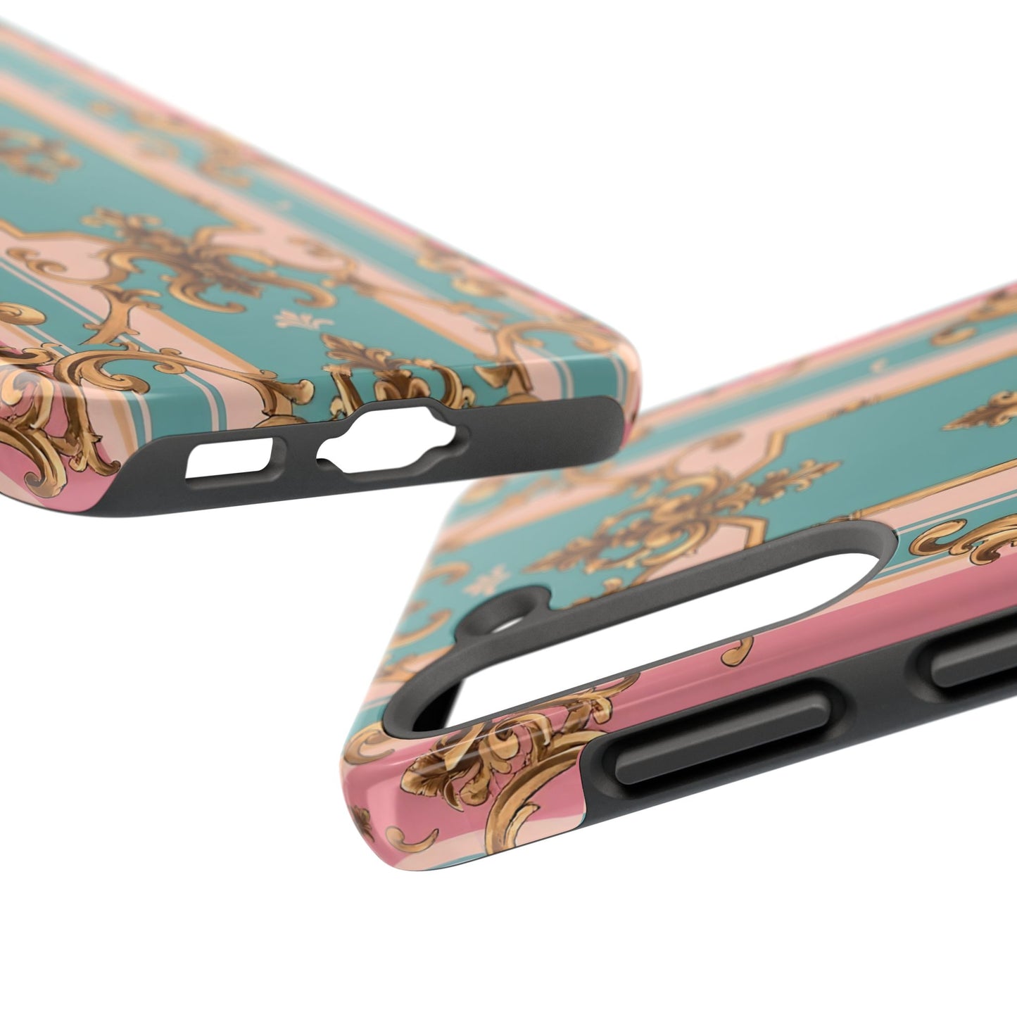 Elegant Floral Tough Phone Case, Artistic Phone Cover, Gift for Her, Chic Phone Accessory - Pink & Matte Turquoise Striped Rococo