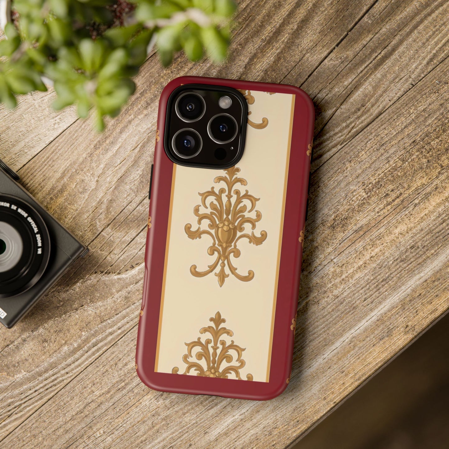 Elegant Floral Motif Phone Case - Tough Cases with Vintage Design - Dusk Red Striped Gold Damask