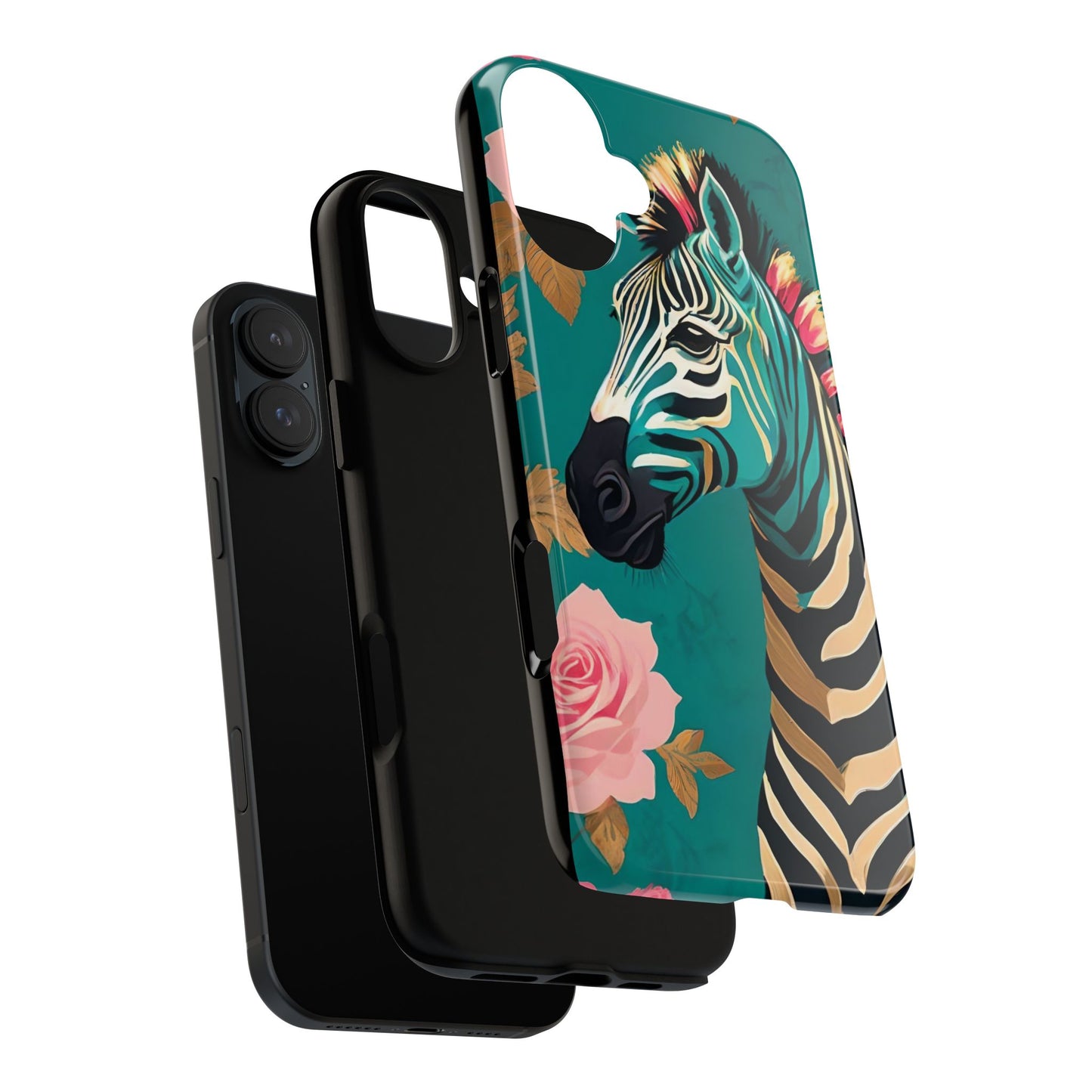 Phone Case - Elegant Teal & Gold Zebra & Roses Design