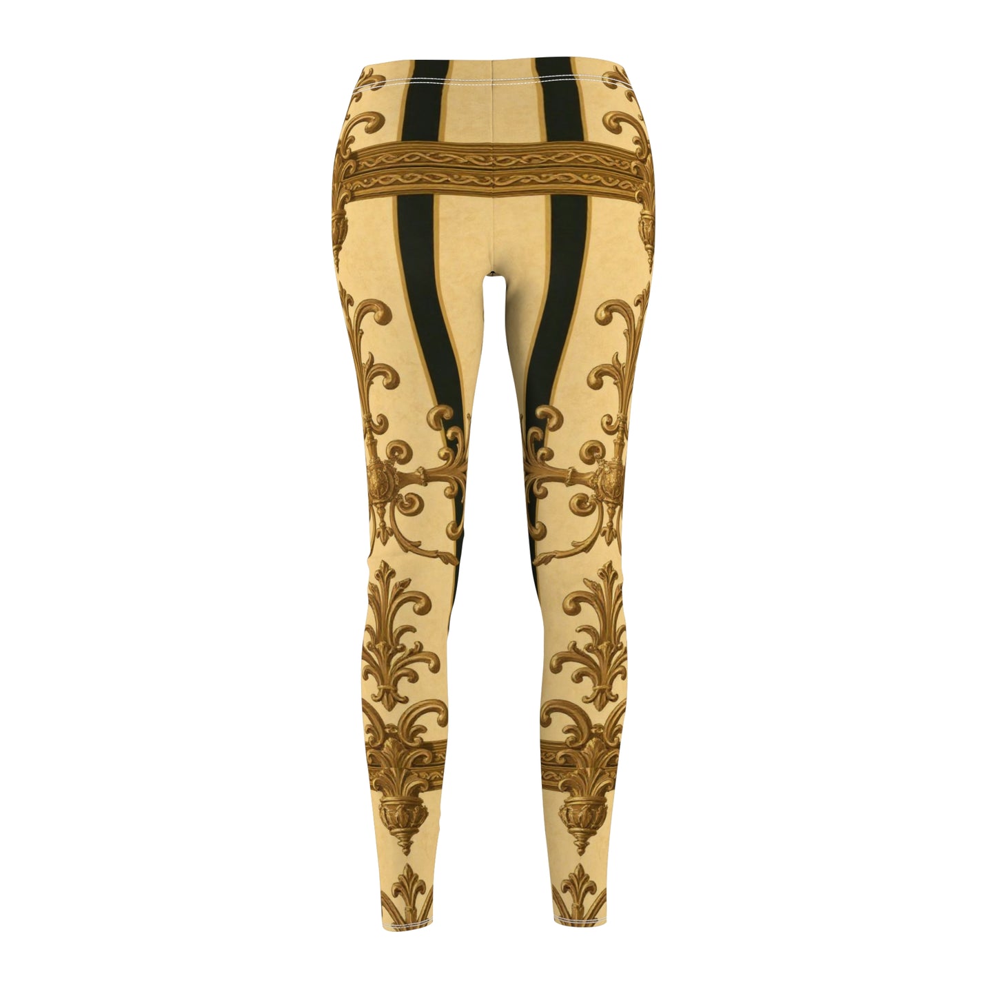 Elegant Gold Baroque Print Women's Leggings, Chic Activewear, Stylish Loungewear, Unique Workout Pants - Matte Yellow Striped Antique Rococo