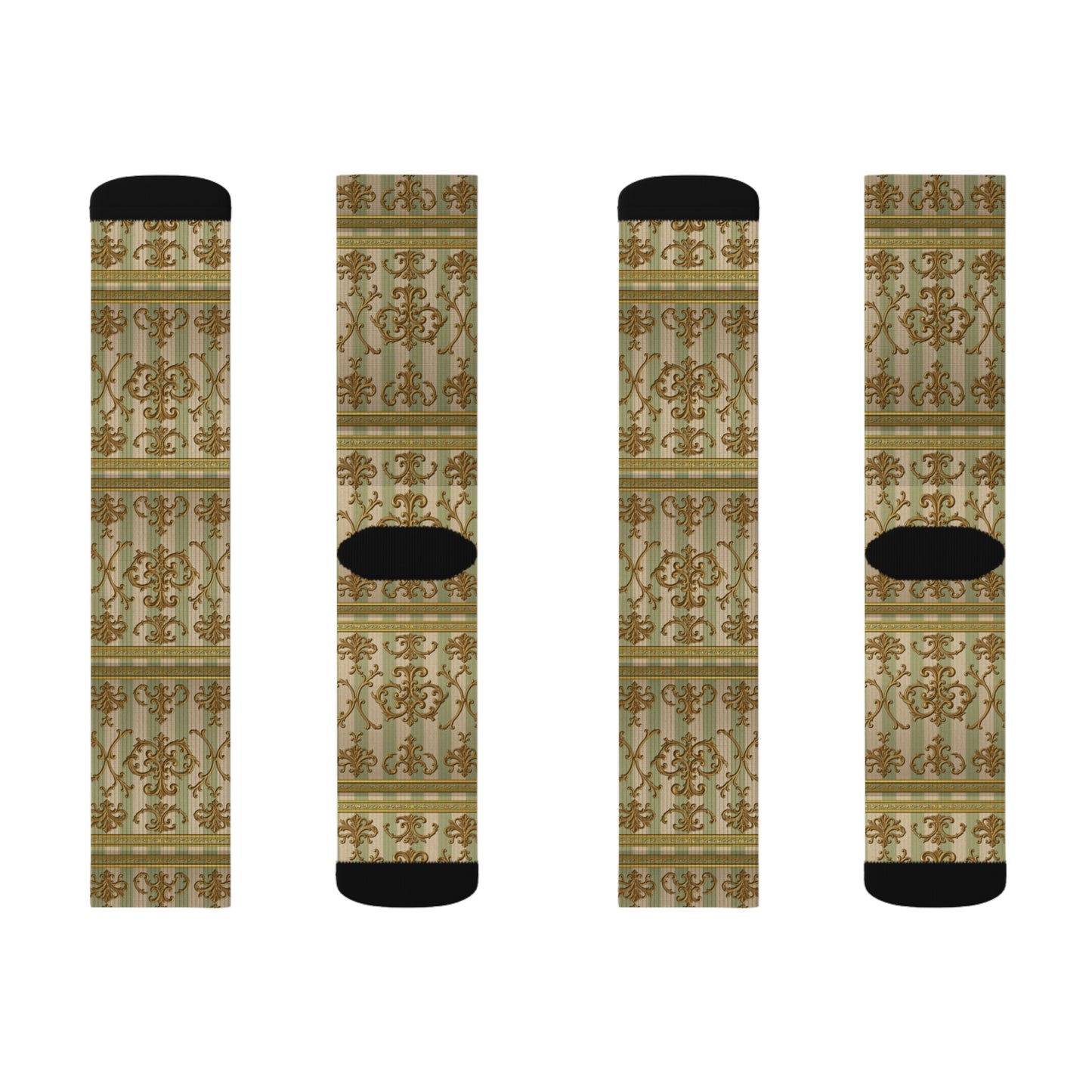 Elegant Vintage Pattern Sublimation Socks | Unisex | Perfect for Holidays, Birthdays, and Everyday Wear - Mint & Beige Striped Gold Baroque
