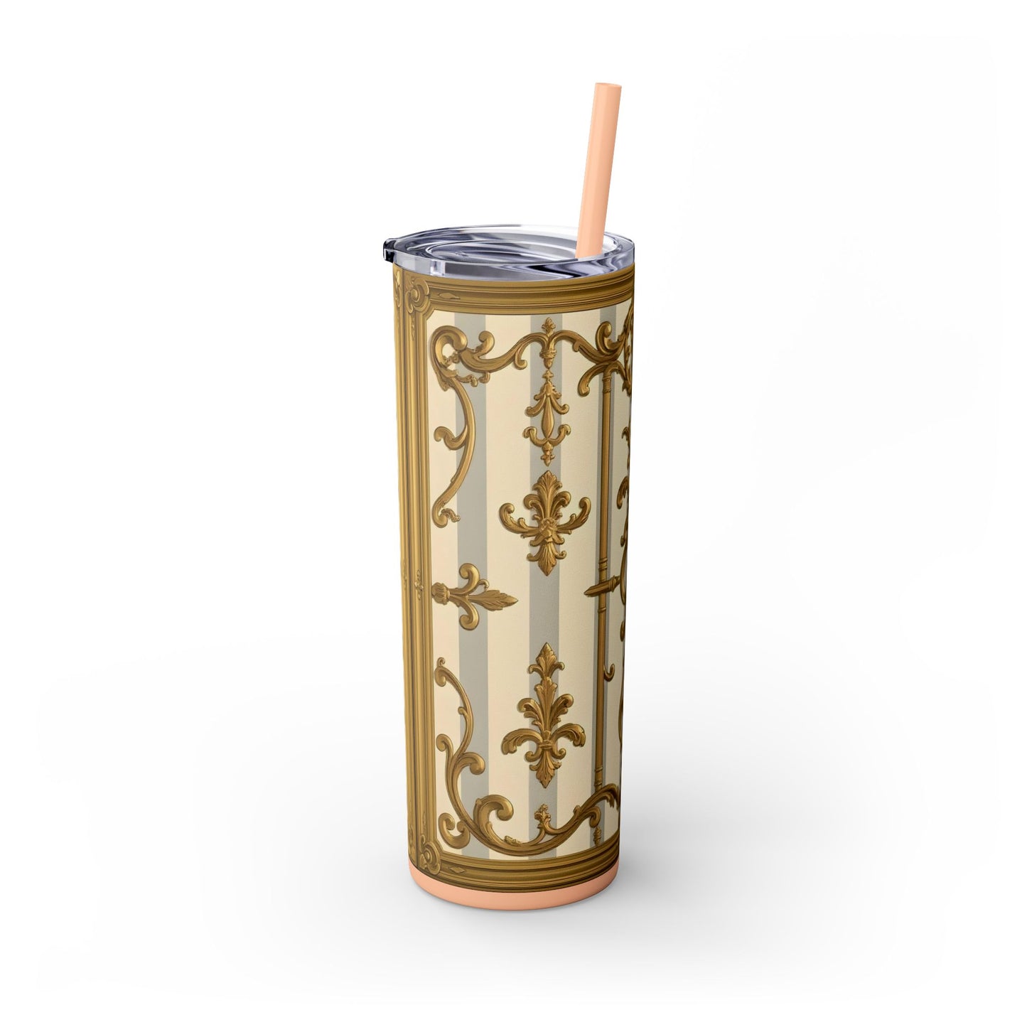Elegant Vintage Skinny Tumbler with Straw, 20oz - Golden Baroque Design for Weddings, Parties - Matte Gray & Cream Striped Gold Baroque
