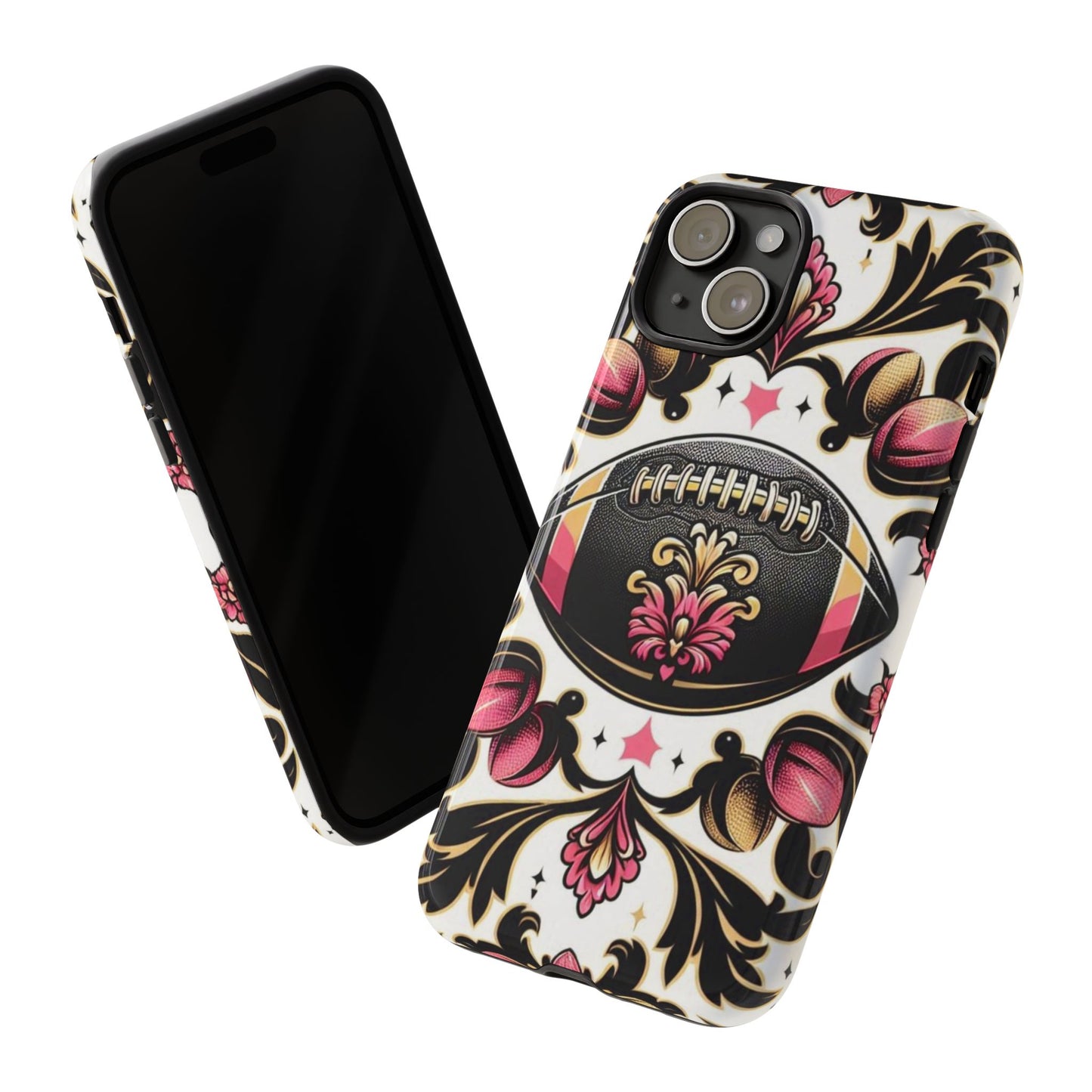 Elegant Floral Motif Phone Case - Tough Cases with Vintage Design - Damask White, Pink Gold & Black Football