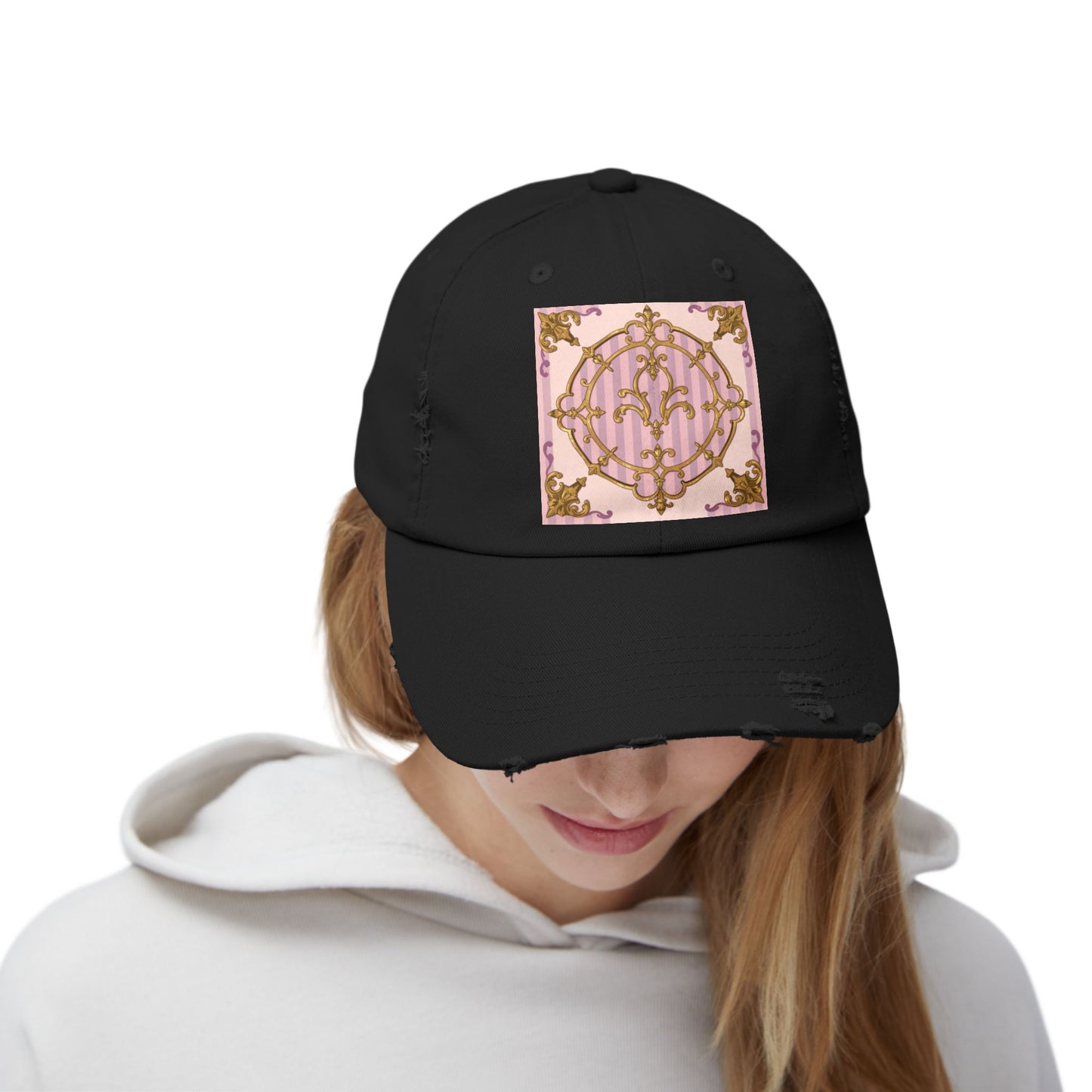 Chic Distressed Cap with Elegant Lavender & Alabaster Striped Gold Baroque Design | Casual Style, Streetwear, Gift for Her, Unique Accessory