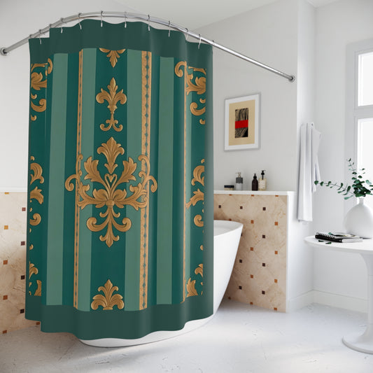 Vintage Floral Shower Curtain - Luxurious Home Décor for Classy Bathrooms - Teal Striped Gold Damask