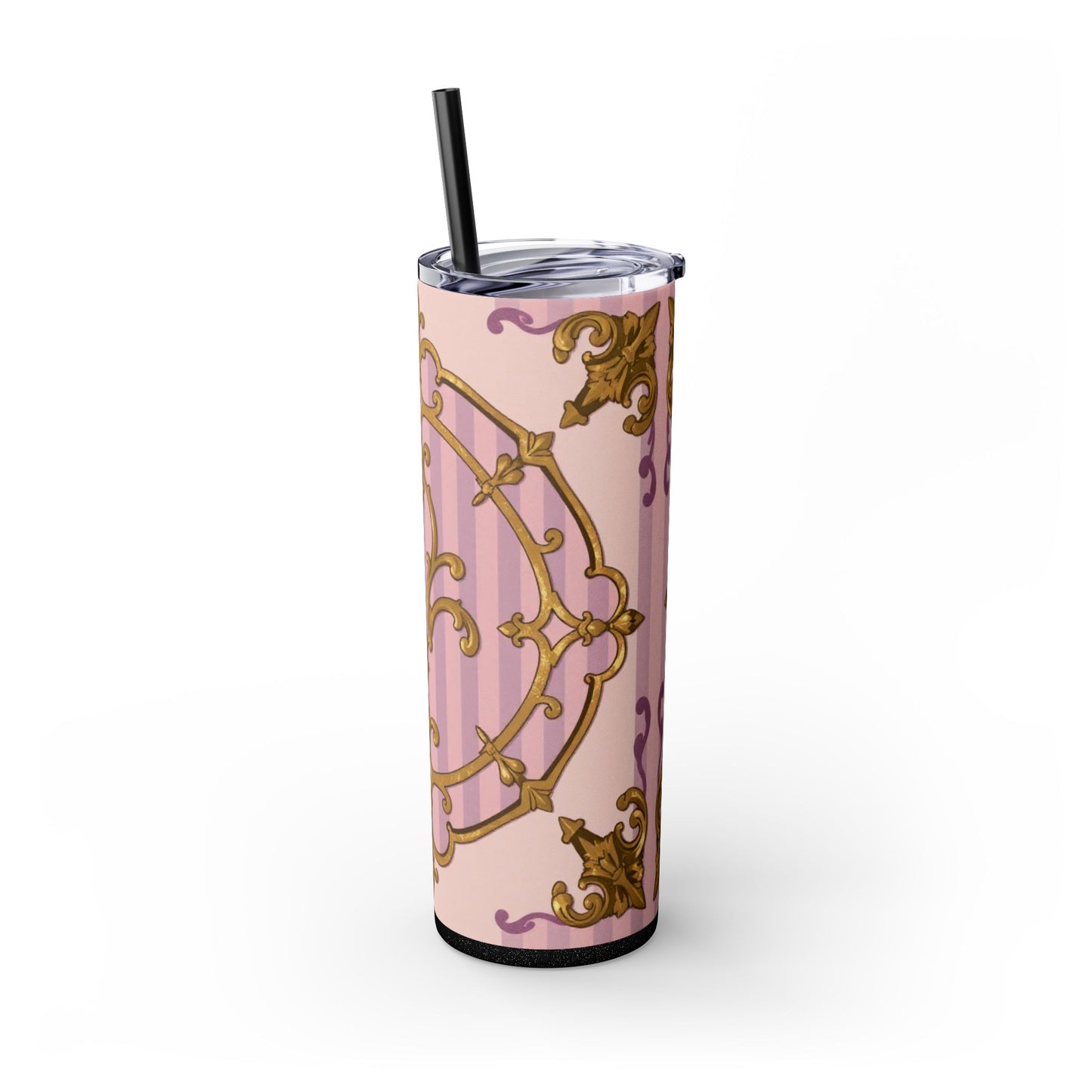 Elegant Lavender & Alabaster Striped Gold Baroque Tumbler - Insulated 20oz Skinny Cup with Straw, Ideal for Gifts, Parties, and Daily Use
