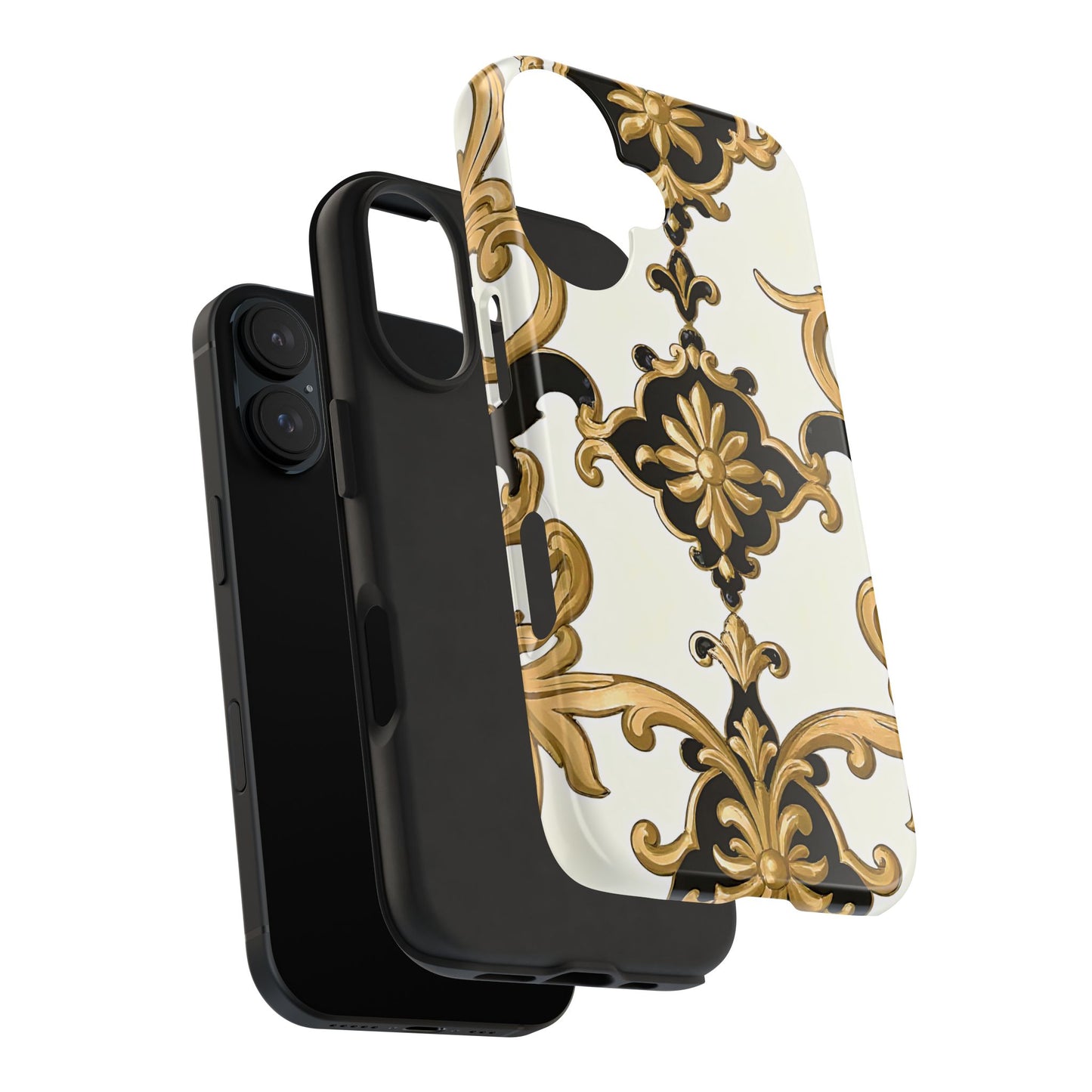 Elegant Floral Tough Phone Cases, Durable Phone Cover, Stylish Phone Accessories, Gift for Her, Chic Phone Cases - Black & Gold Rococo