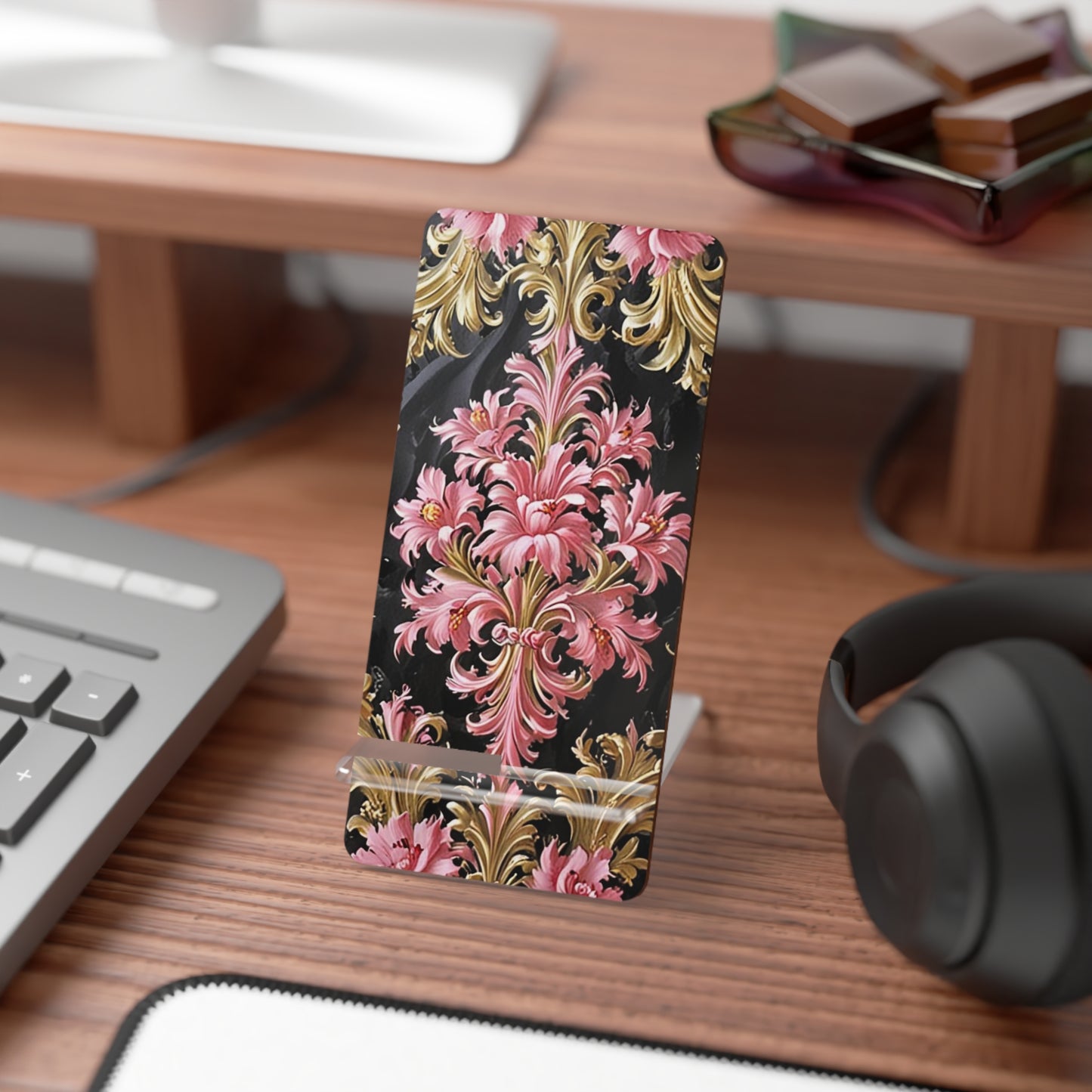 Elegant Floral Mobile Display Stand, Phone Holder, Desk Organizer, Gift for Smartphone Users - Black & Pink Oil Painting Style Rococo