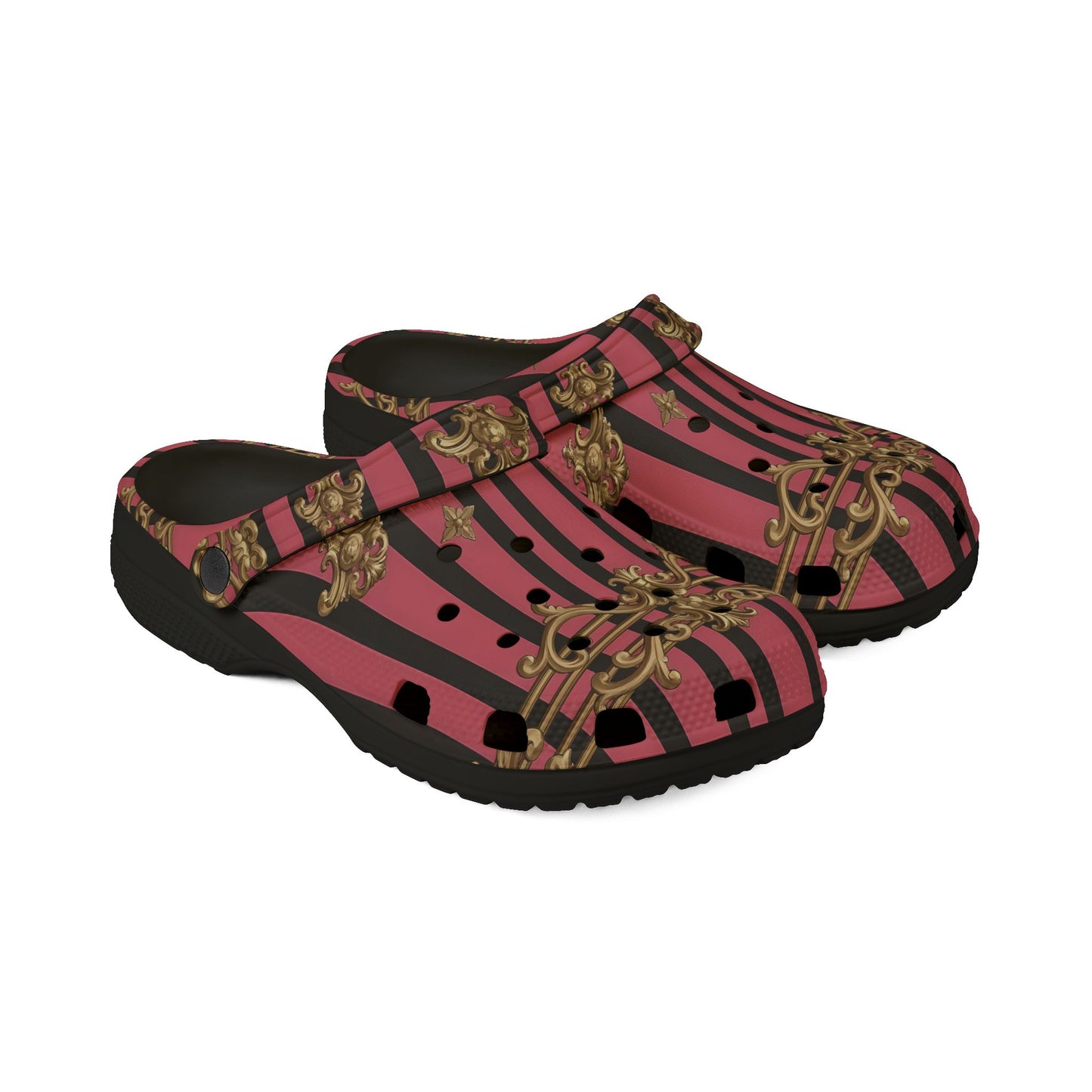 Chic Comfort EVA Foam Clogs, Stylish Slip-On Shoes for Home, Garden, and Casual Outings, Fashionable Footwear - Pink Striped Gold Rococo