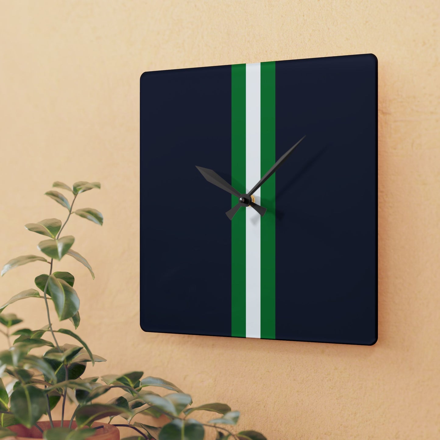 Lunar Midnight & Green-White Striped Modern Acrylic Wall Clock with Minimalist Design, Home Decor, Office Wall Art, Gifts for Him/Her