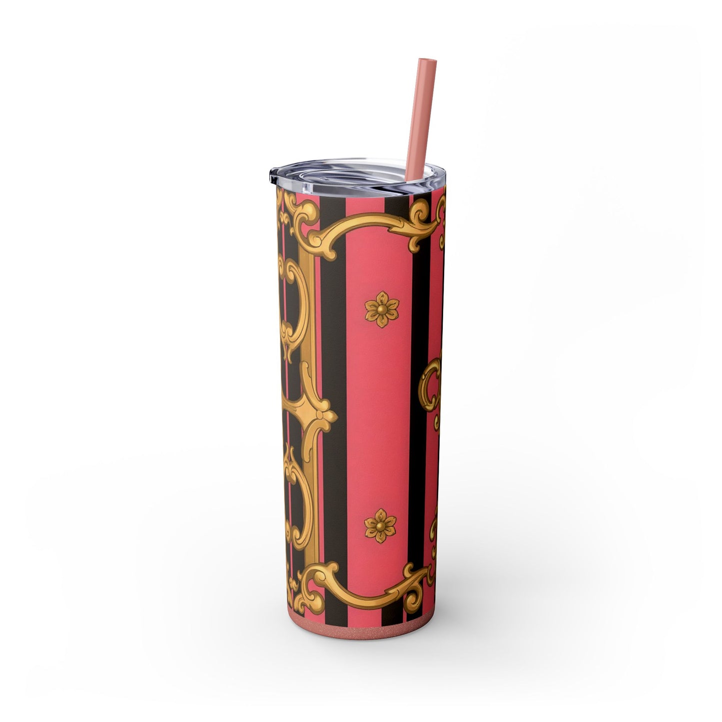 Chic Pink Striped Skinny Tumbler, 20oz | Elegant Travel Mug, Perfect Gift for Birthdays - Pink & Black Striped Gold Baroque