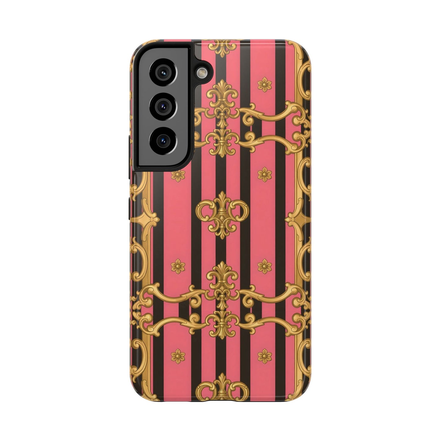 Elegant Baroque Tough Phone Cases, Stylish Protection, Gift for Her, Trendy Accessory - Pink & Black Striped Gold Baroque