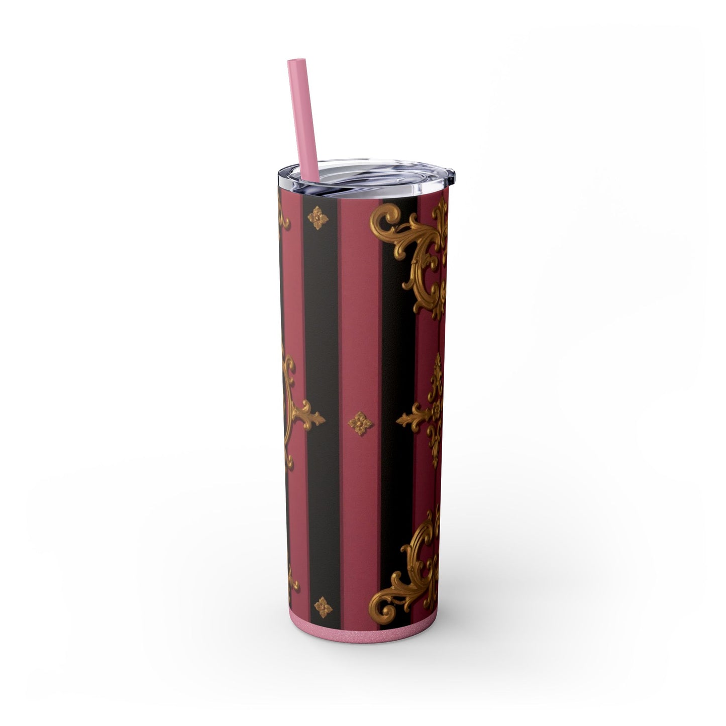 Elegant Black & Mauve Striped Gold Baroque Striped Skinny Tumbler with Straw, 20oz | Vintage Gold Accent Drinkware, Wedding Gift, Party Favor, Travel Mug