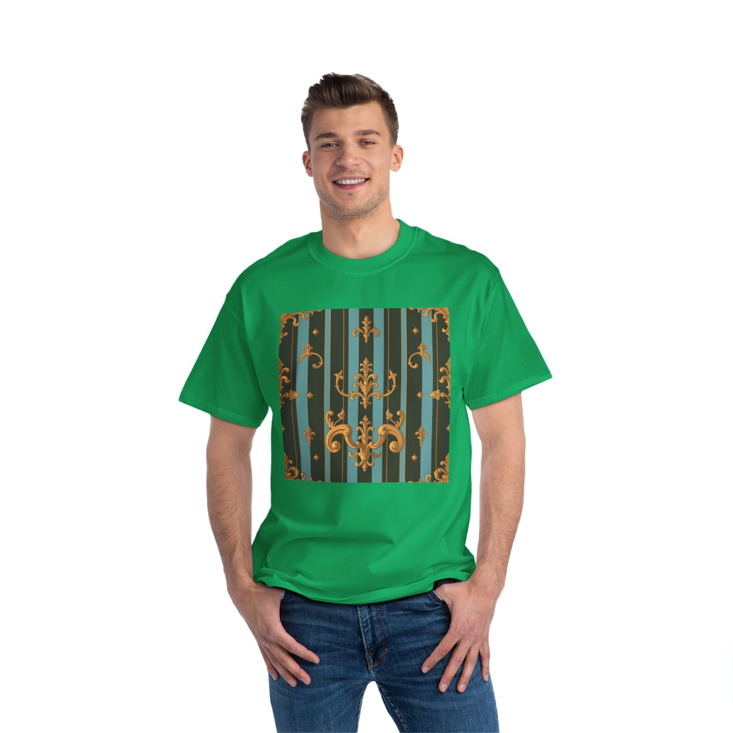 Elegant Vintage Pattern T-Shirt, Stylish Tee for Everyday Wear, Retro Design Shirt, Perfect Gift for Art Lovers - Black & Turquoise Striped Baroque