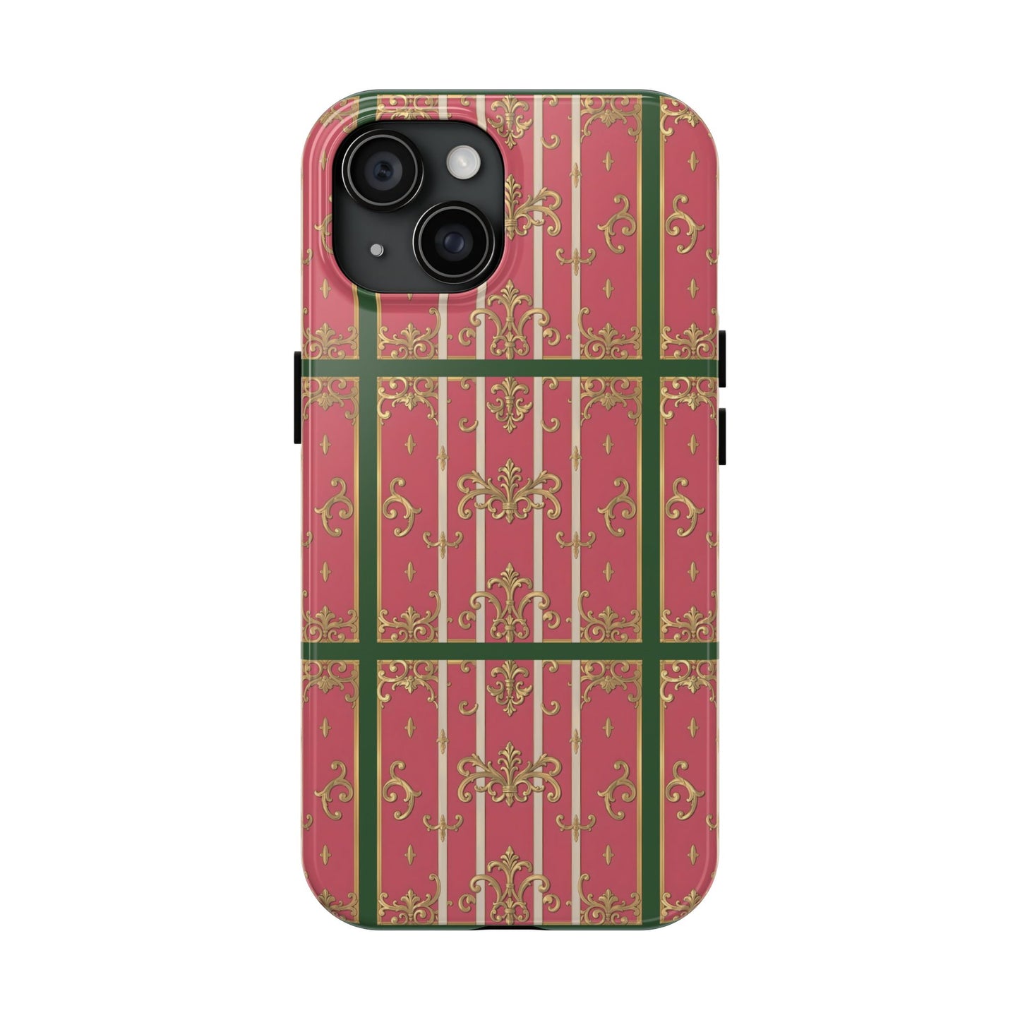 Elegant Green Border Pink Striped Baroque Phone Cases, Tough Phone Cases for Protection, Stylish Mobile Accessories, Gift for Her, Holiday Tech Gifts