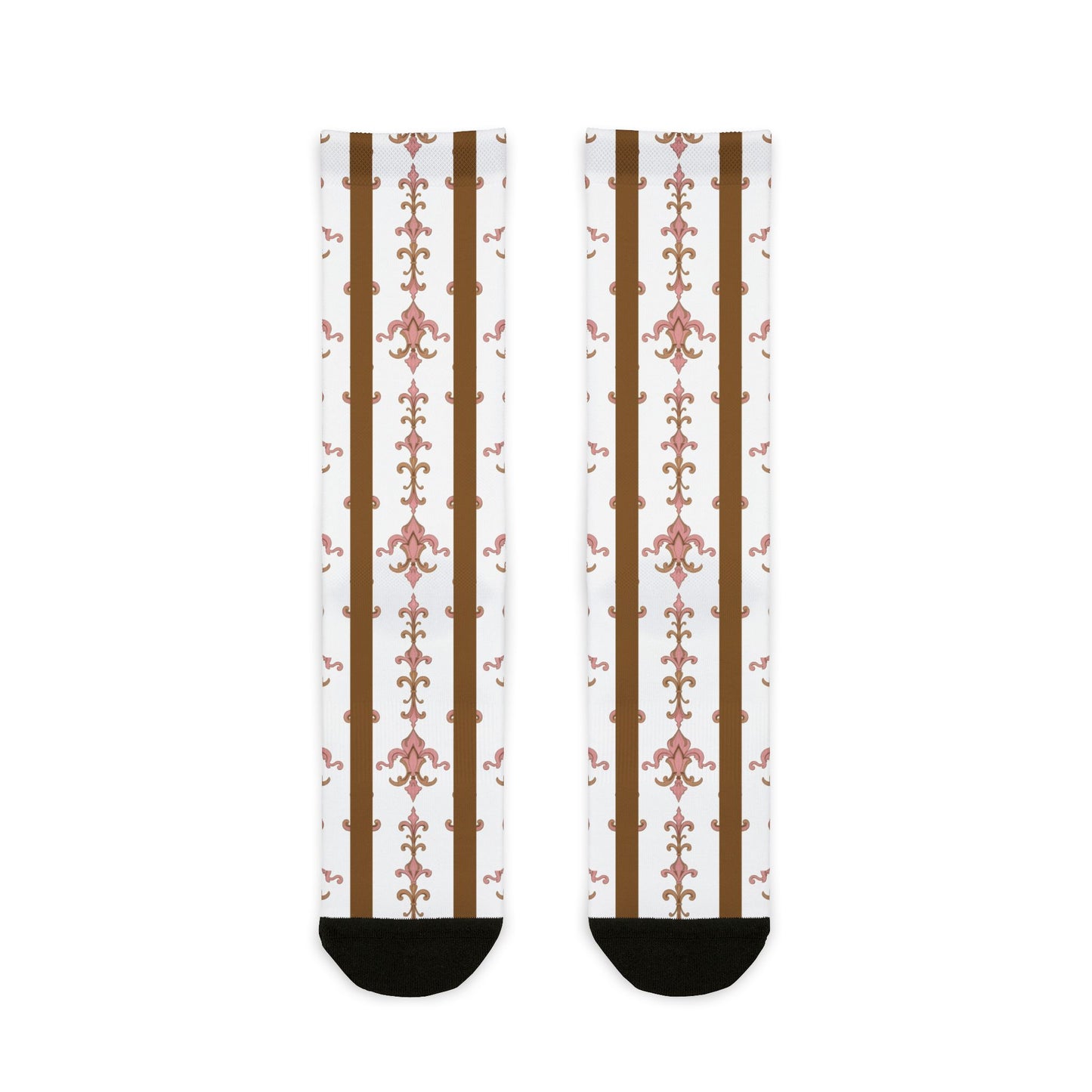 Chic Floral Crew Socks | Stylish Unisex Gift | Trendy Fashion Accessory | Summer Feet Treats | Unique Gift for Holidays - Brown Striped Pink Arabesque