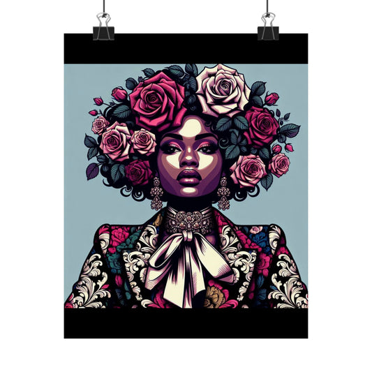 Floral Afro Art Poster - Elegant Matte Vertical Wall Decor - Lady In Damask Suit & Roses