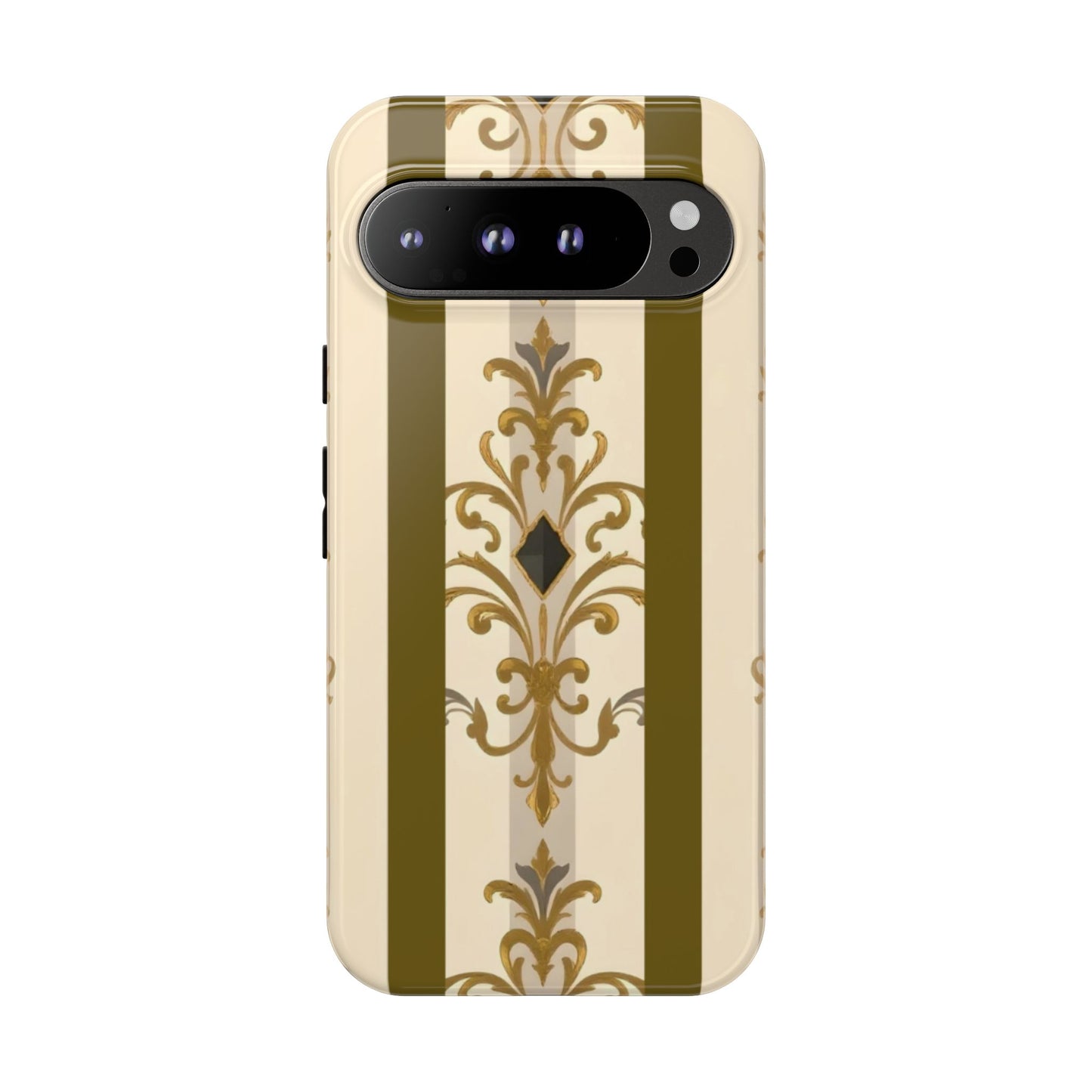 Elegant Floral Motif Phone Case - Tough Cases with Vintage Design - Olive Striped Gold Damask