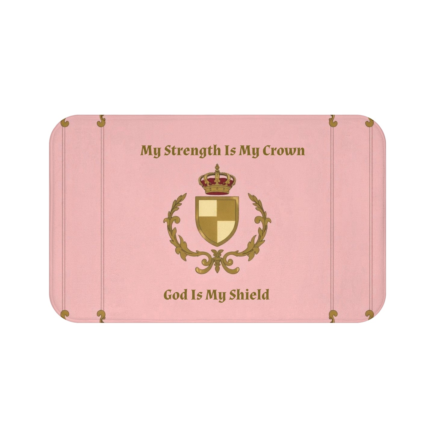 Crown & Crest Spiritual Quote Bath Mat, Inspirational Bathroom Decor, Faith-Based Gift, Motivational Home Accessory, Pink and Gold Mat