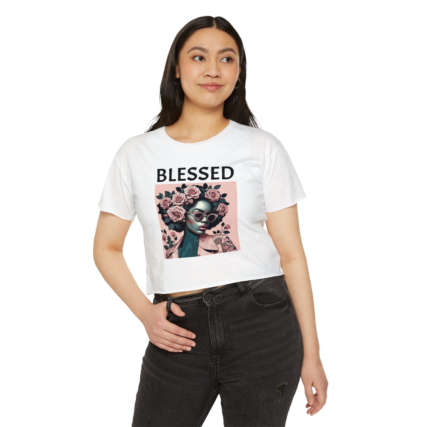 Blessed Women's Festival Crop Top - Boho Chic Tee, Summer Vibes, Perfect for Music Festivals, Gifts for Her, Trendy Lounge Wear - Black Lettering