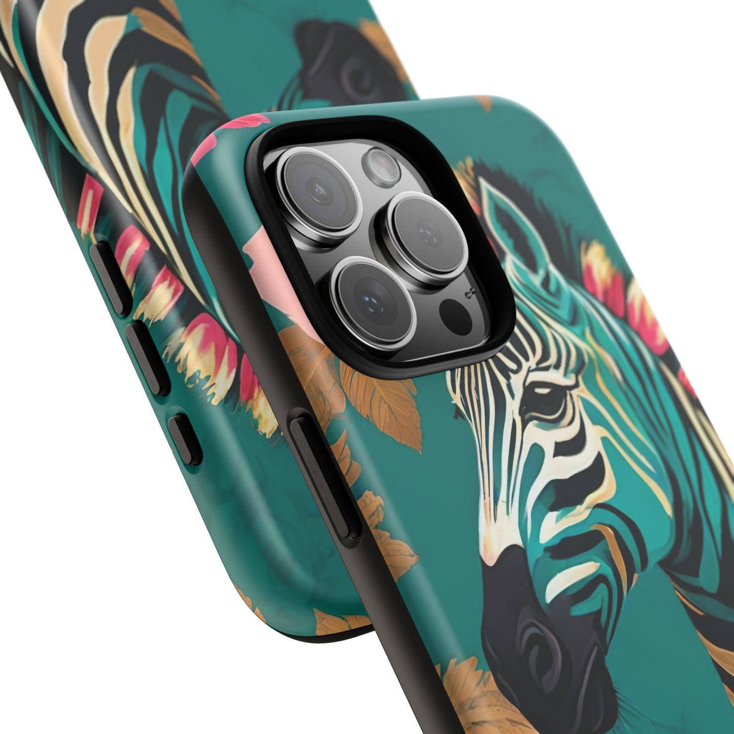Phone Case - Elegant Teal & Gold Zebra & Roses Design