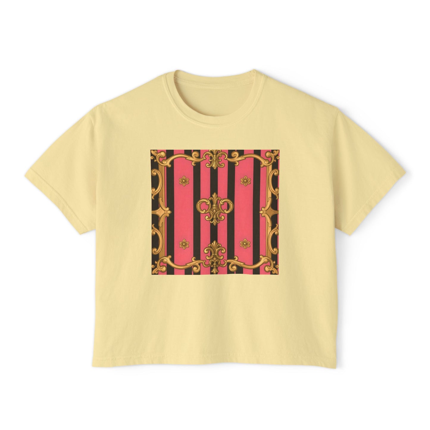 Chic Graphic Boxy Tee - Trendy Women's Casual Top, Festival Shirt, Gift for Her, Baroque Style - Pink & Black Striped Gold Baroque
