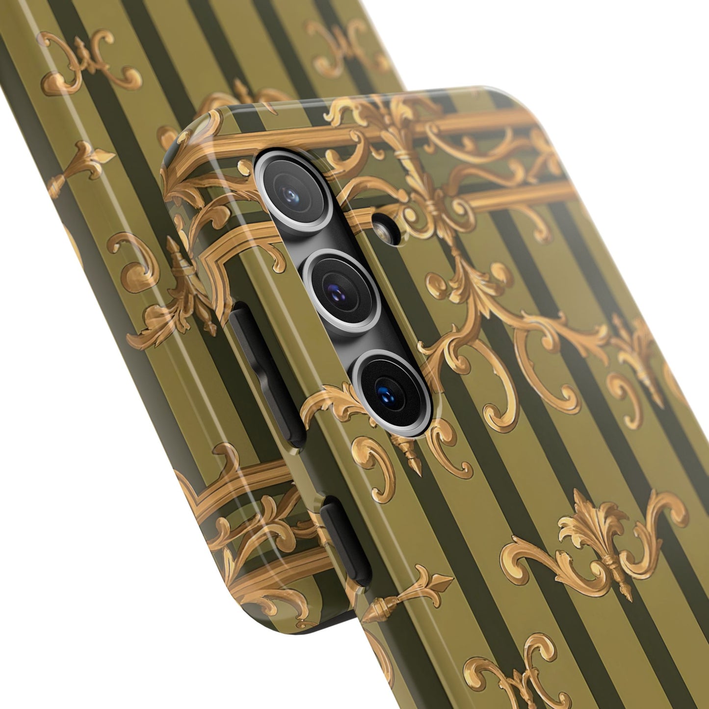 Elegant Vintage Phone Case - Tough Protection with Classy Design, Stylish Phone Cover for Fashion Lovers - Olive Green Striped Rococo