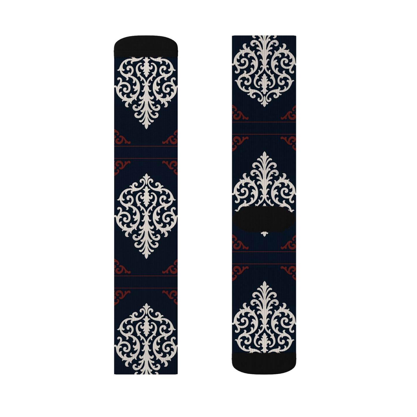 Dusk Blue-Maroon & White Baroque Pattern Sublimation Socks — Dusk Blue & White Ornate Crew Socks