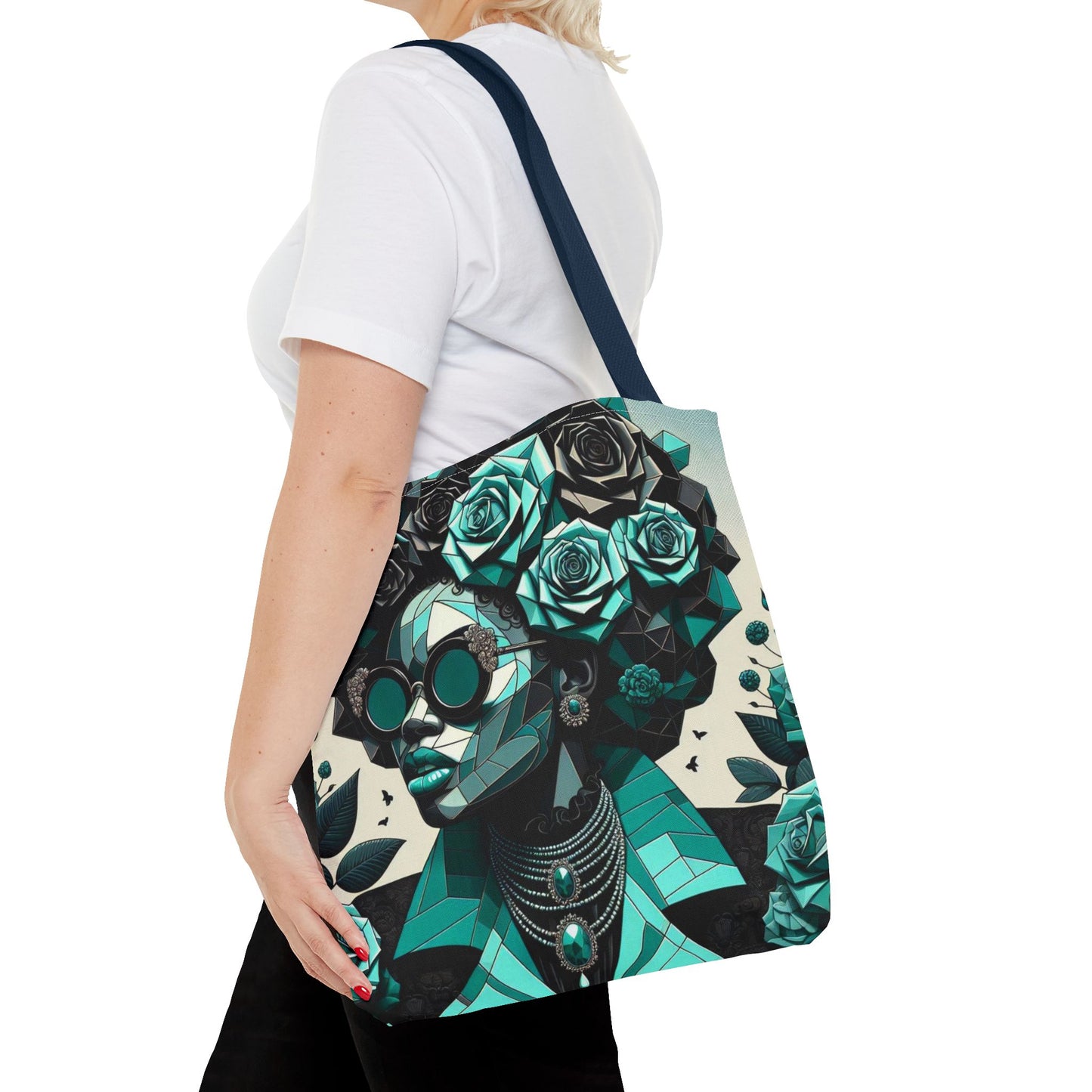 Chic Floral Tote Bag - Stylish Eco-Friendly Handbag for Everyday Use, Perfect for Gifts, Shopping, Beach, Art Lovers - Turquoise & Black Roses Lady