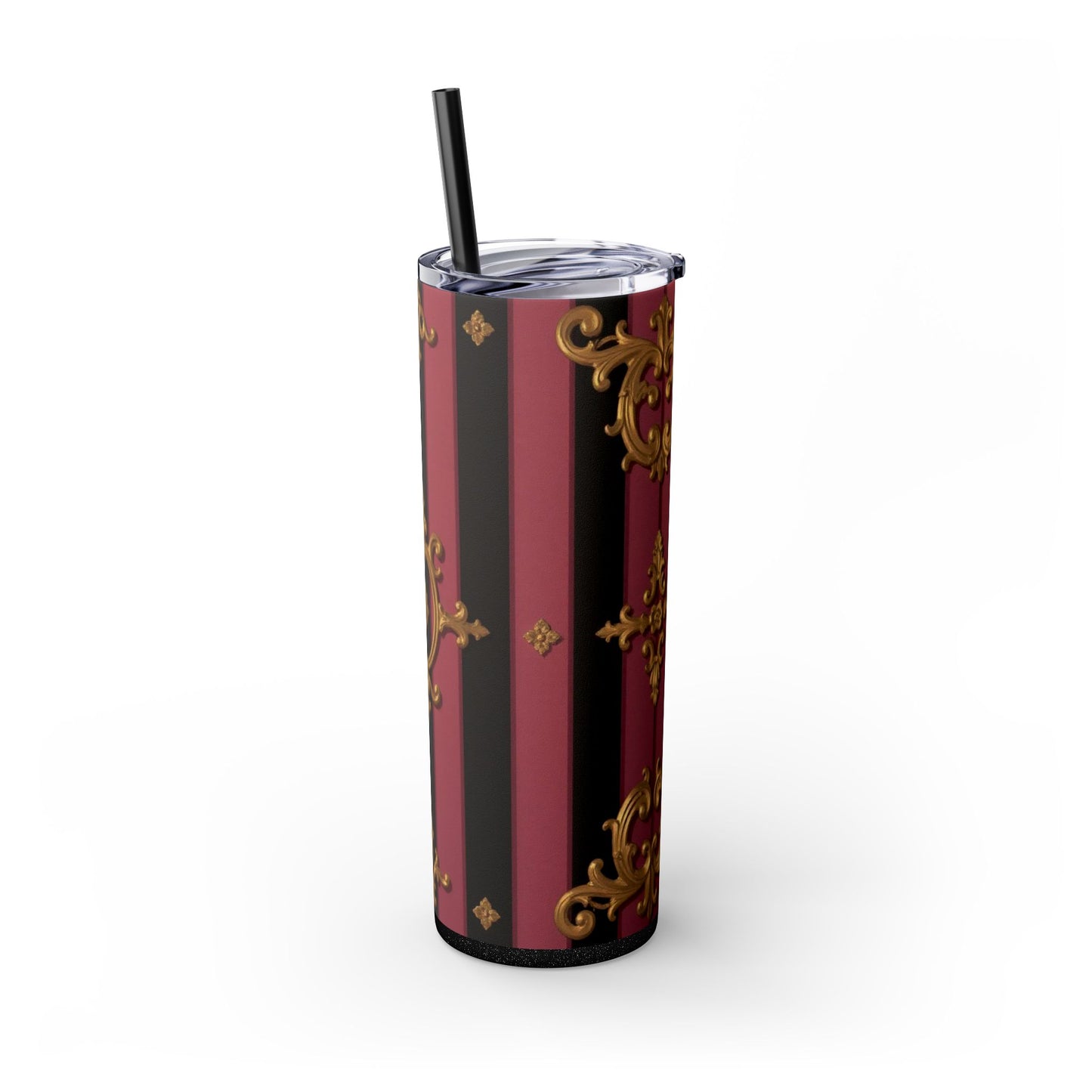 Elegant Black & Mauve Striped Gold Baroque Striped Skinny Tumbler with Straw, 20oz | Vintage Gold Accent Drinkware, Wedding Gift, Party Favor, Travel Mug