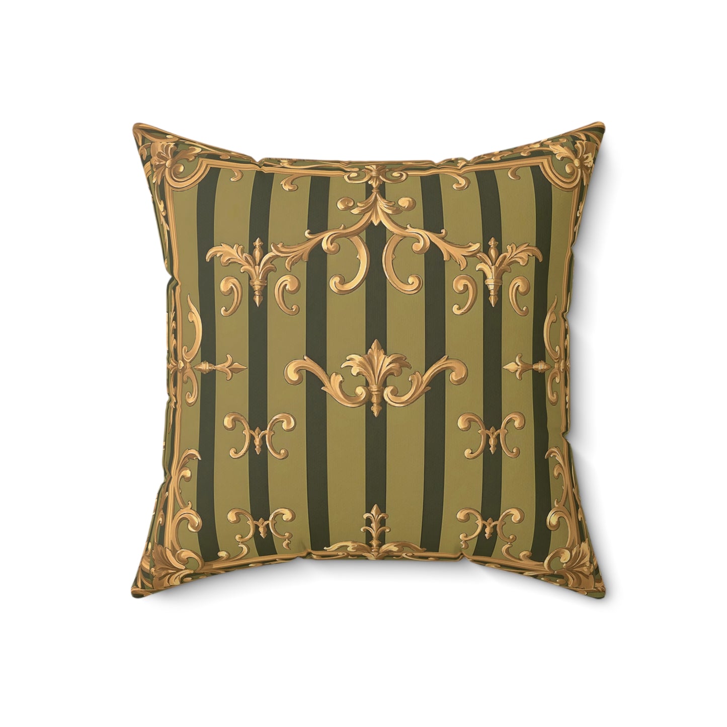 Elegant Faux Suede Square Pillow with Antique Gold Pattern, Decorative Cushion for Home Decor - Olive Green Striped Rococo