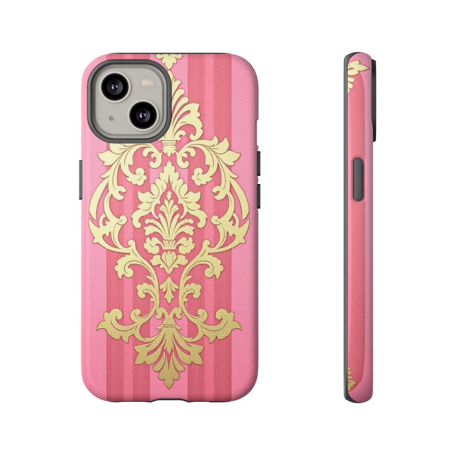 Elegant Floral Motif Phone Case - Tough Cases with Vintage Design - Pink Striped Damask