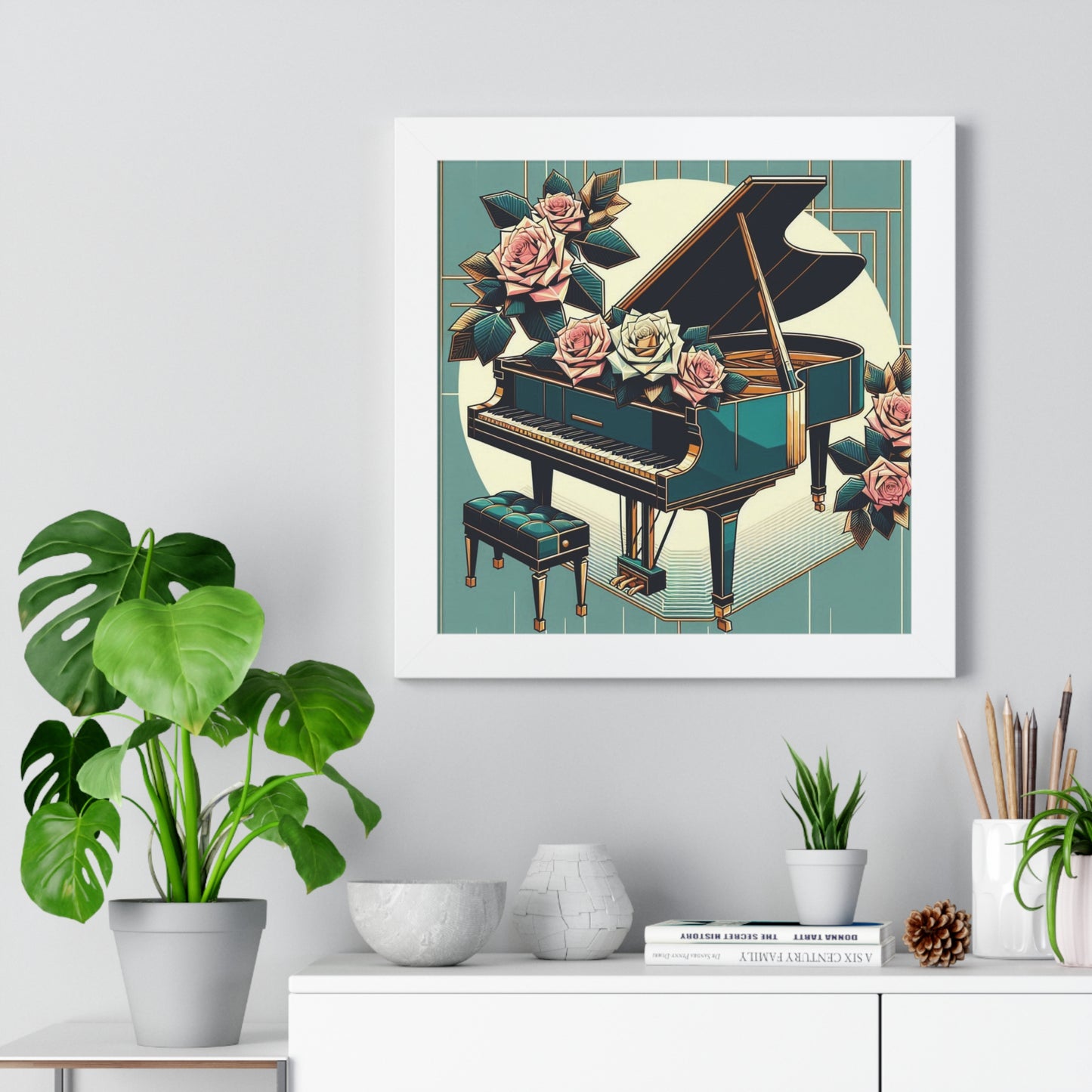 Vertical Poster - Teal Grand Piano & Roses Wall Art