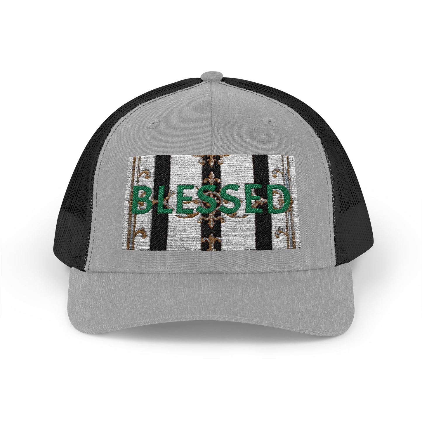 Blessed Snapback Trucker Cap | Casual Style, Outdoor Gear, Faith-Based Gift, Adjustable Hat, Everyday Fashion - Black & White Striped Gold Baroque