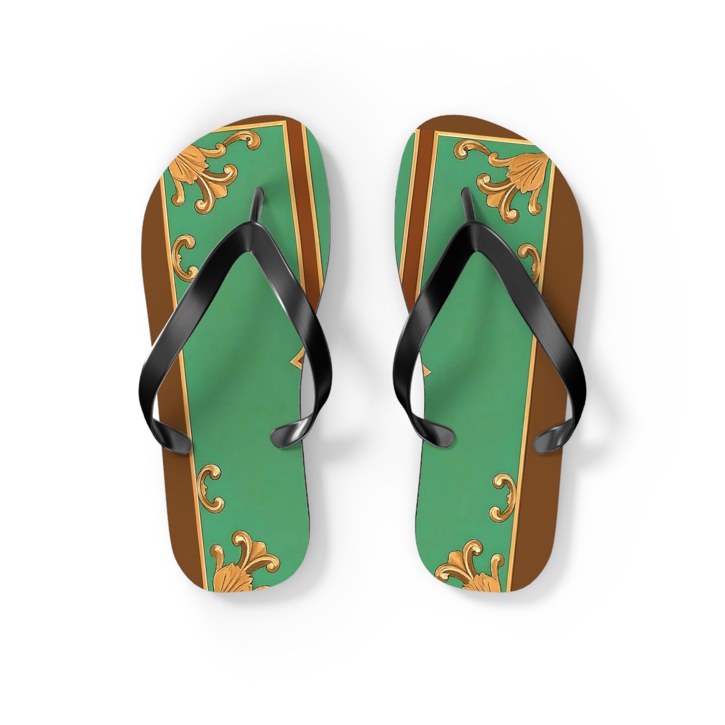 Elegant Floral Flip Flops for Summer Getaways - Rust & Green Striped Baroque