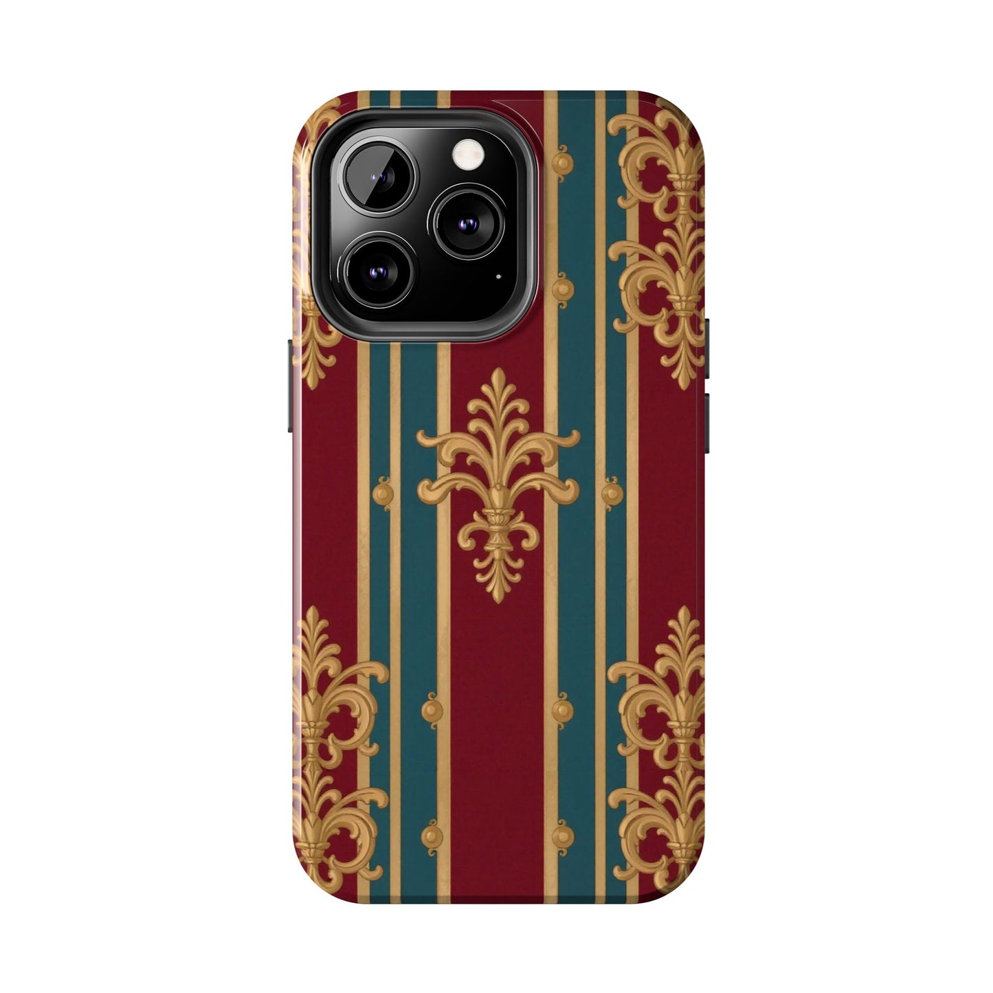 Elegant Vintage Tough Phone Case, Luxury Phone Protection, Stylish Phone Cover, Durable Phone Accessory - Burgundy Striped Gold Baroque